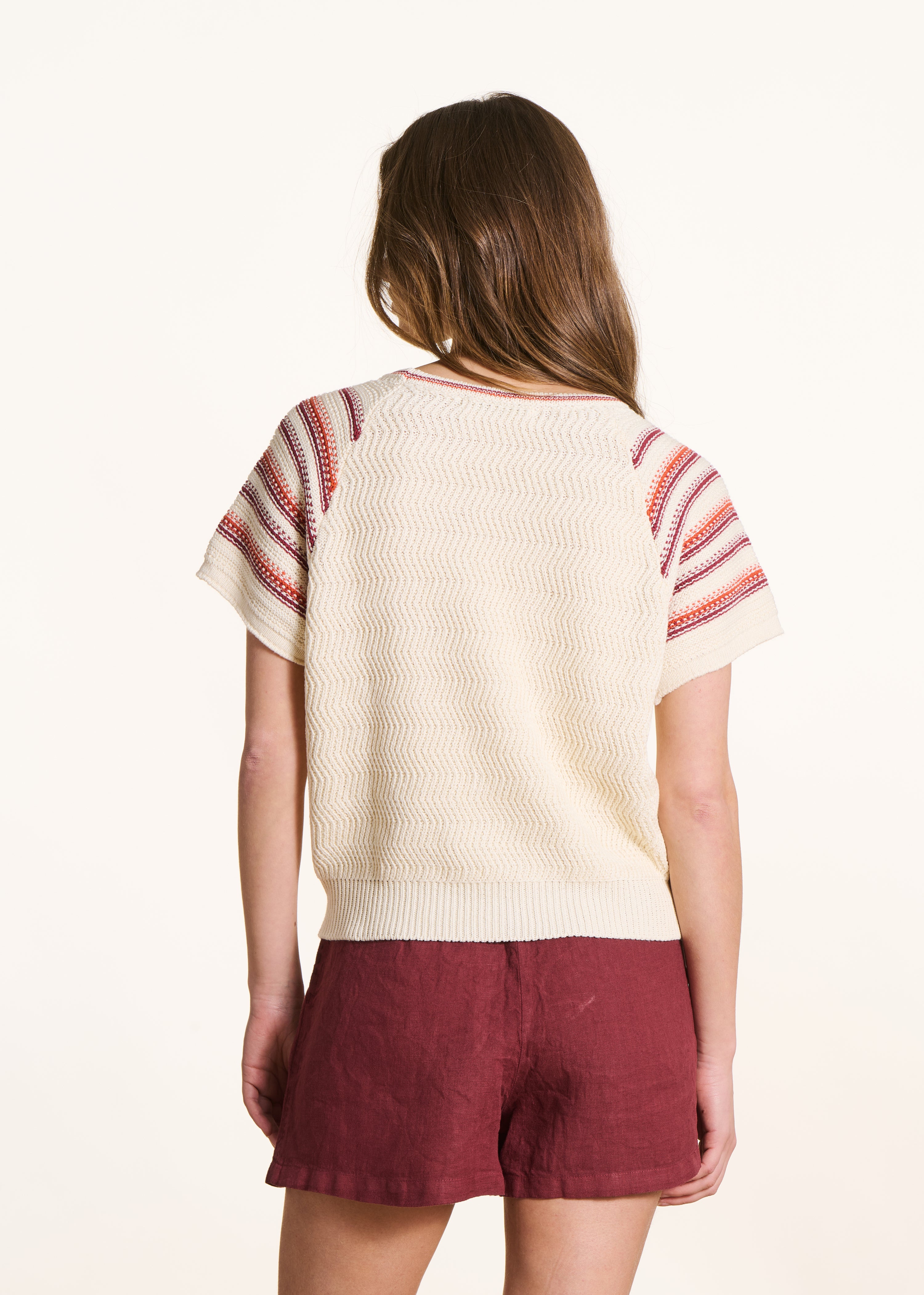 Ecru short-sleeve striped sweater