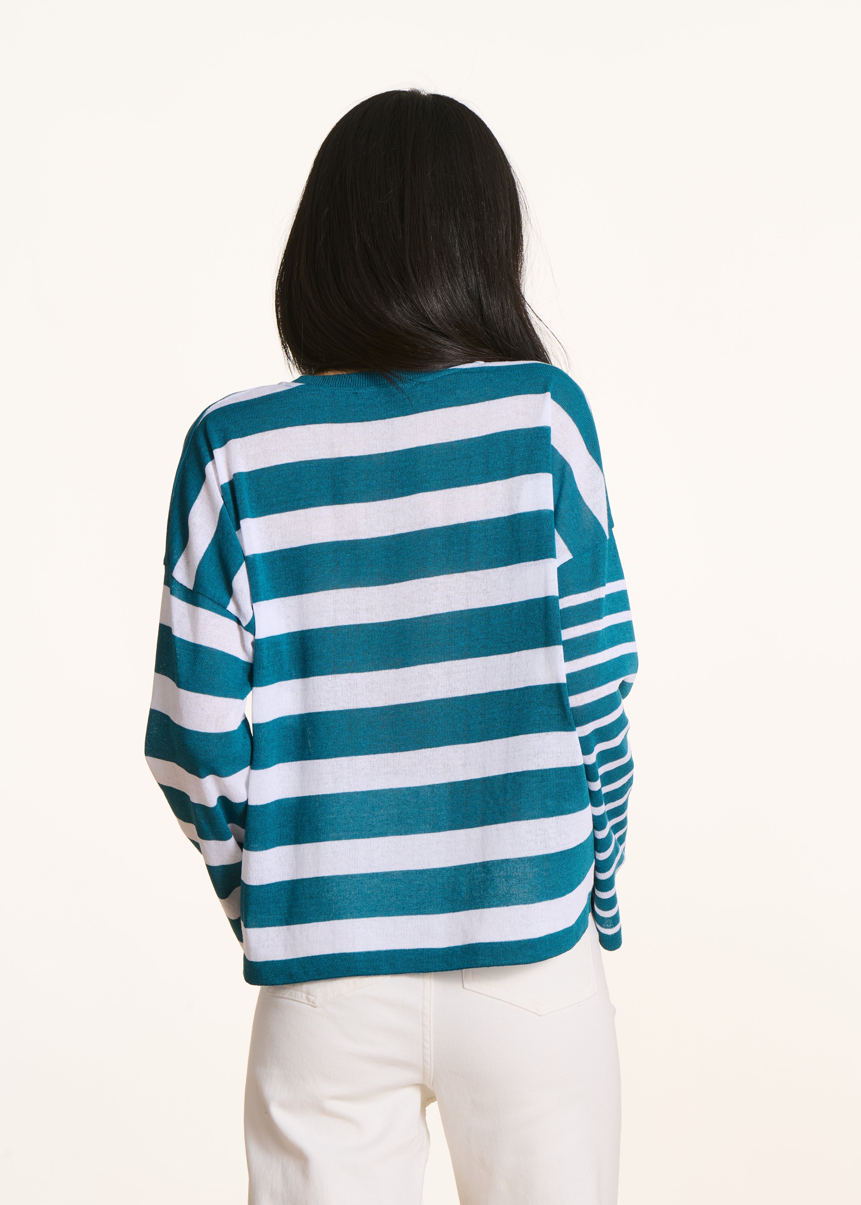 Loose petrol blue sweater with white stripes in fine knit, V-neck
