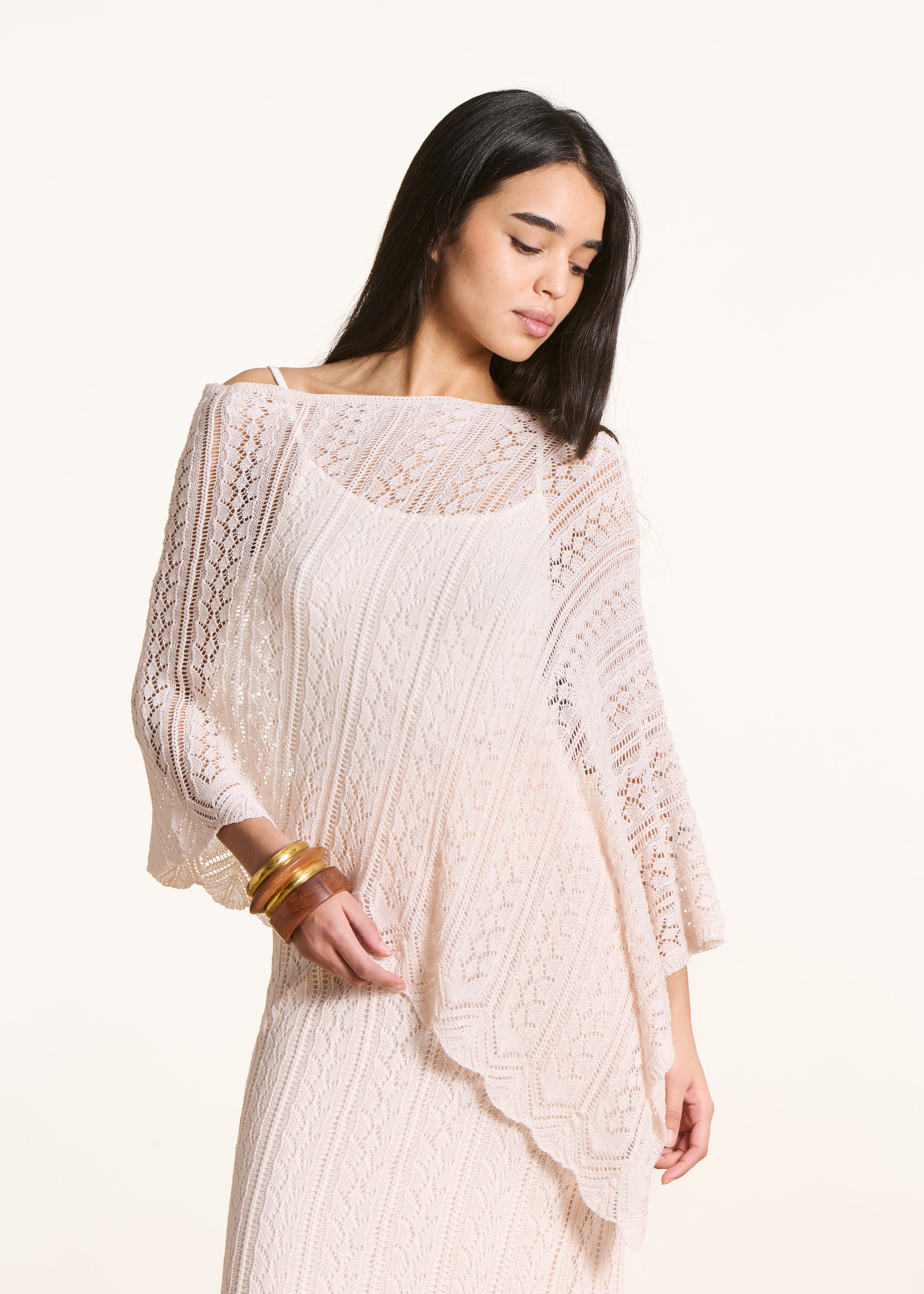 Ecru cape sweater in fine openwork knit