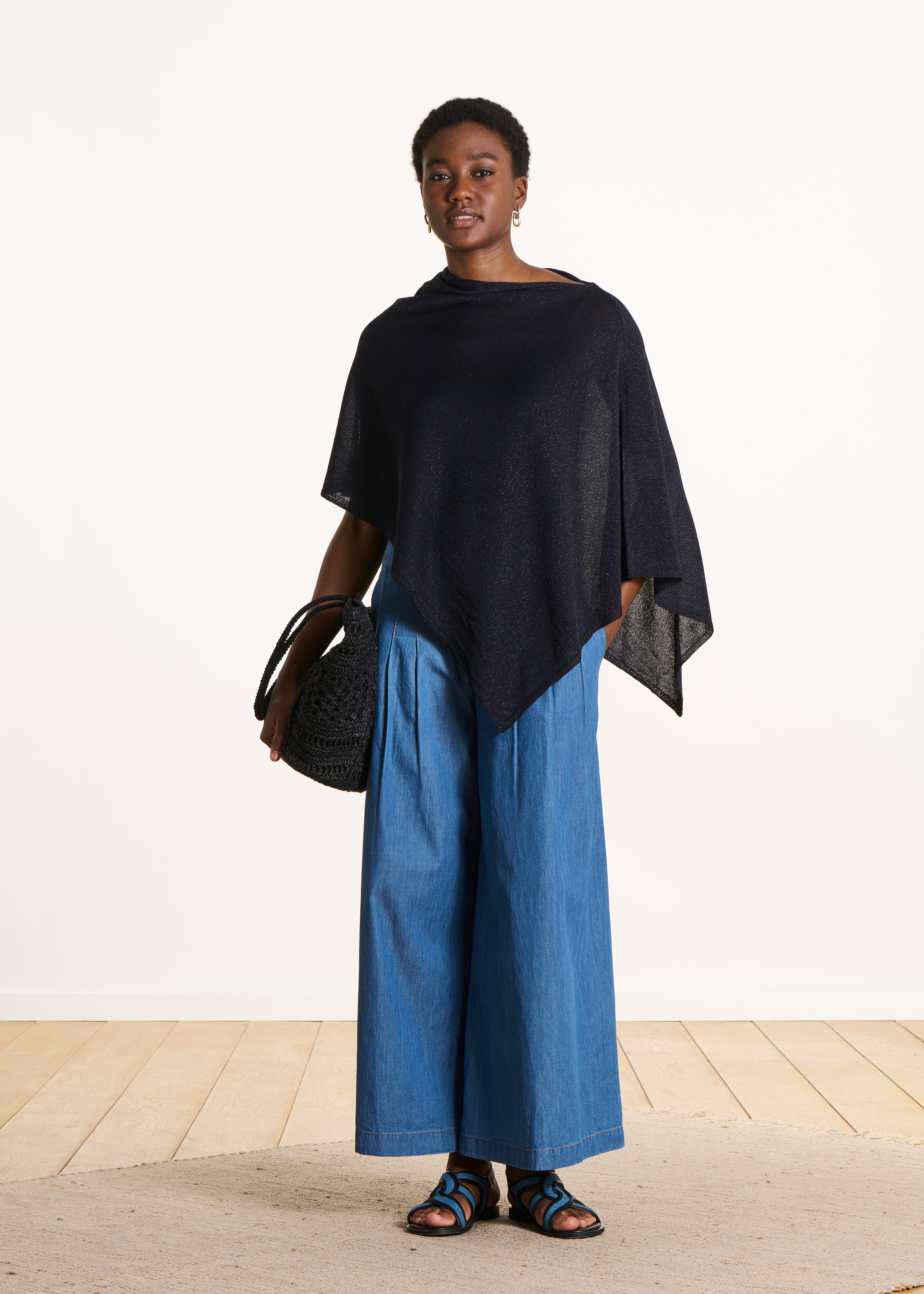 Fine-knit shimmering navy blue cape sweater