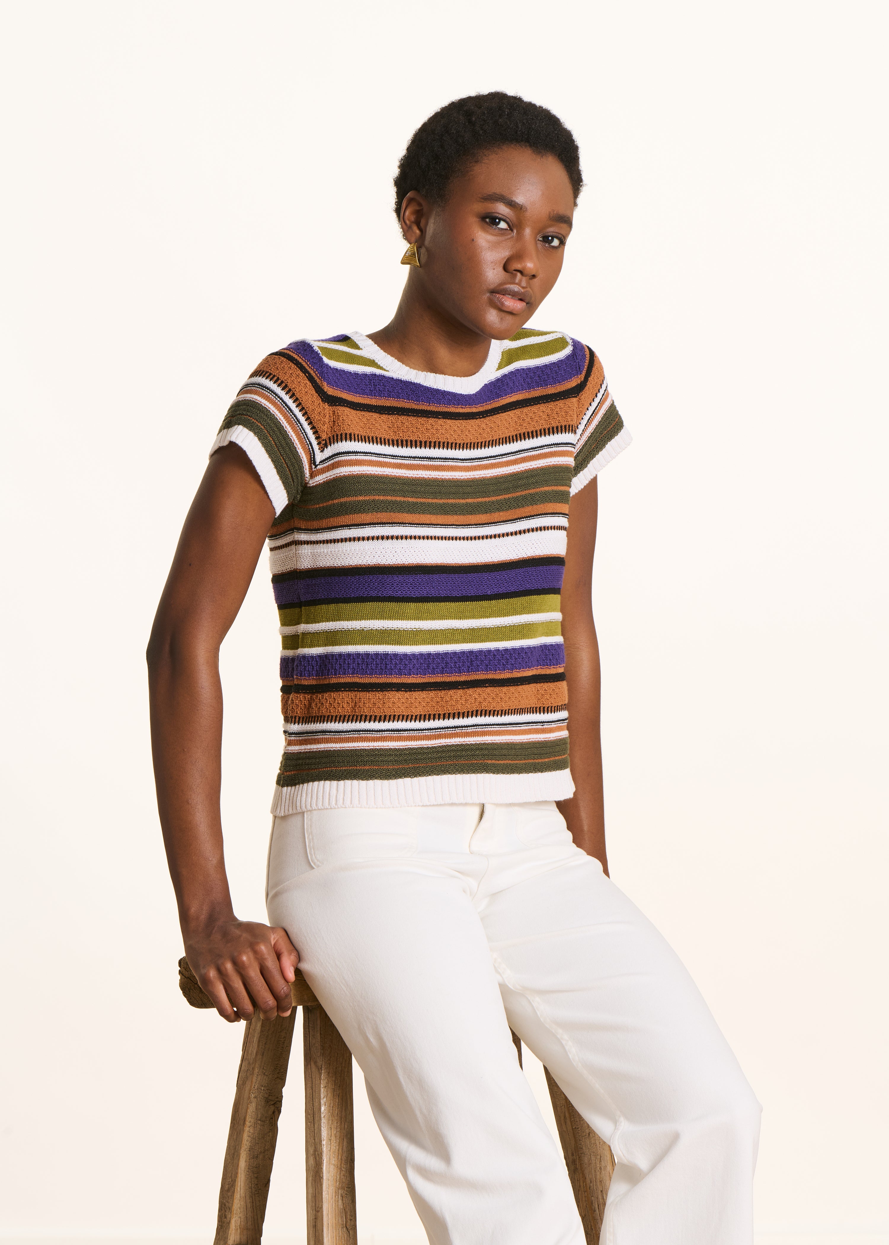 Multicolored striped sweater in khaki and camel