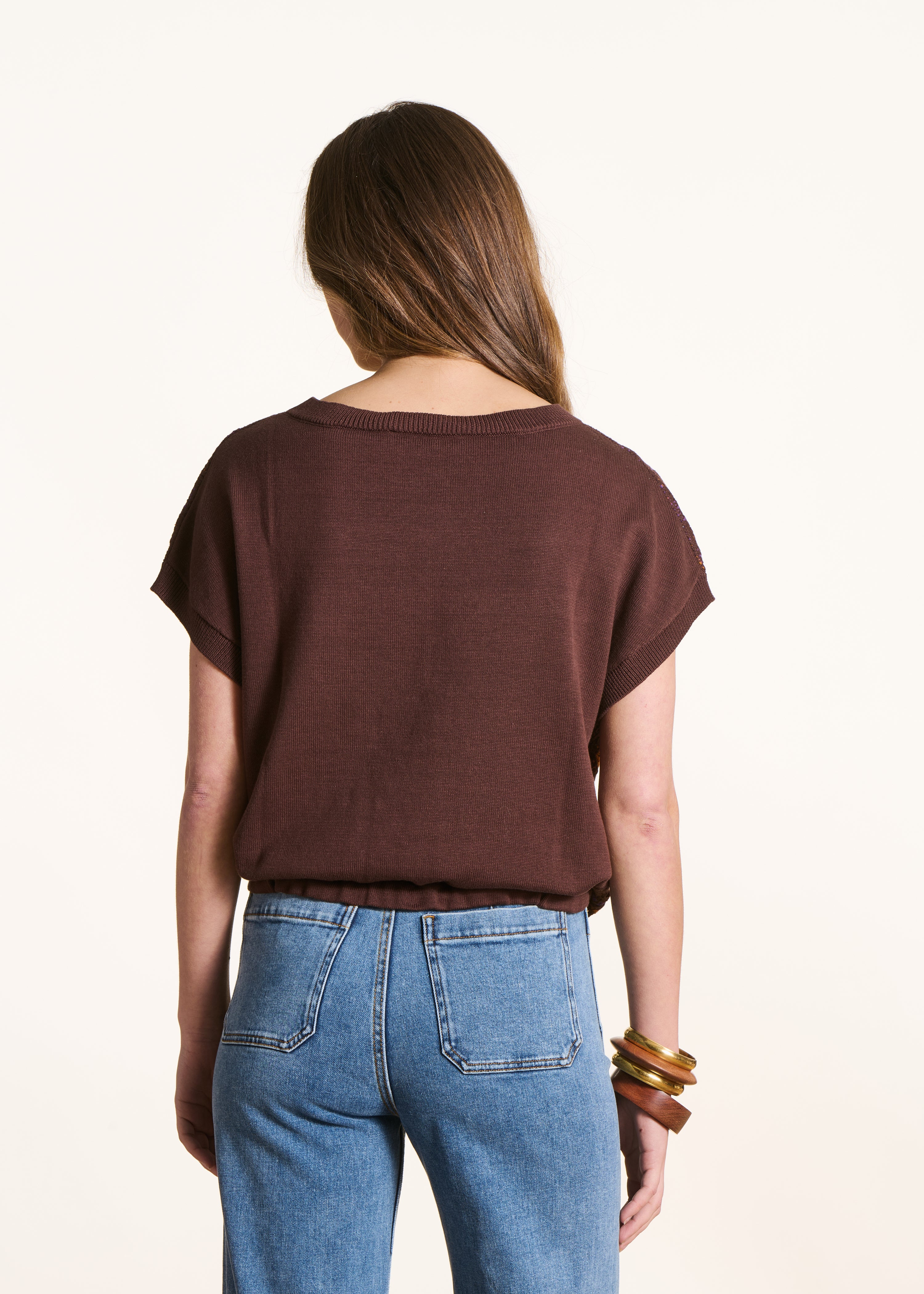 Pull marron manches courtes en maille crochet