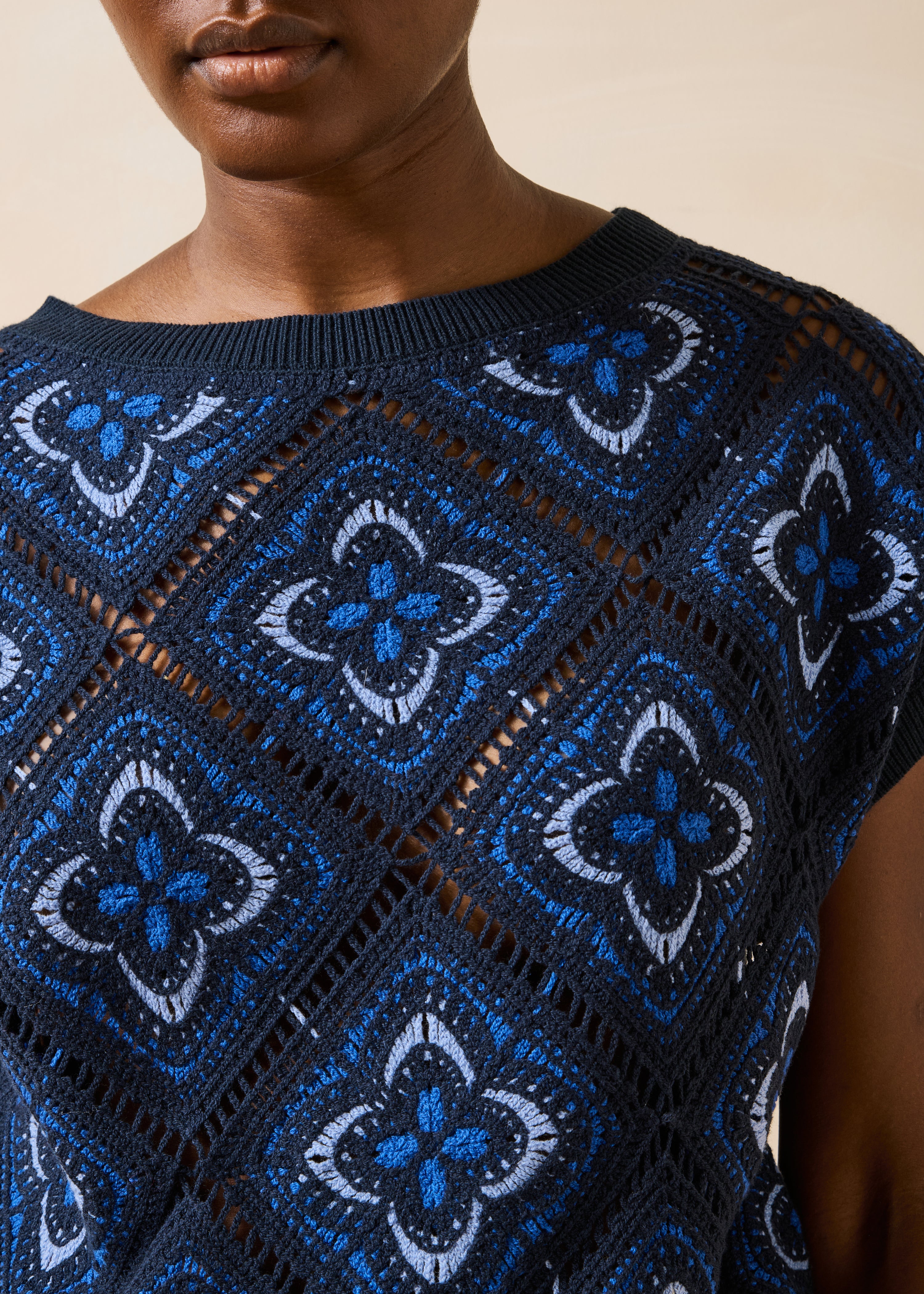 Blue short-sleeve crochet knit sweater