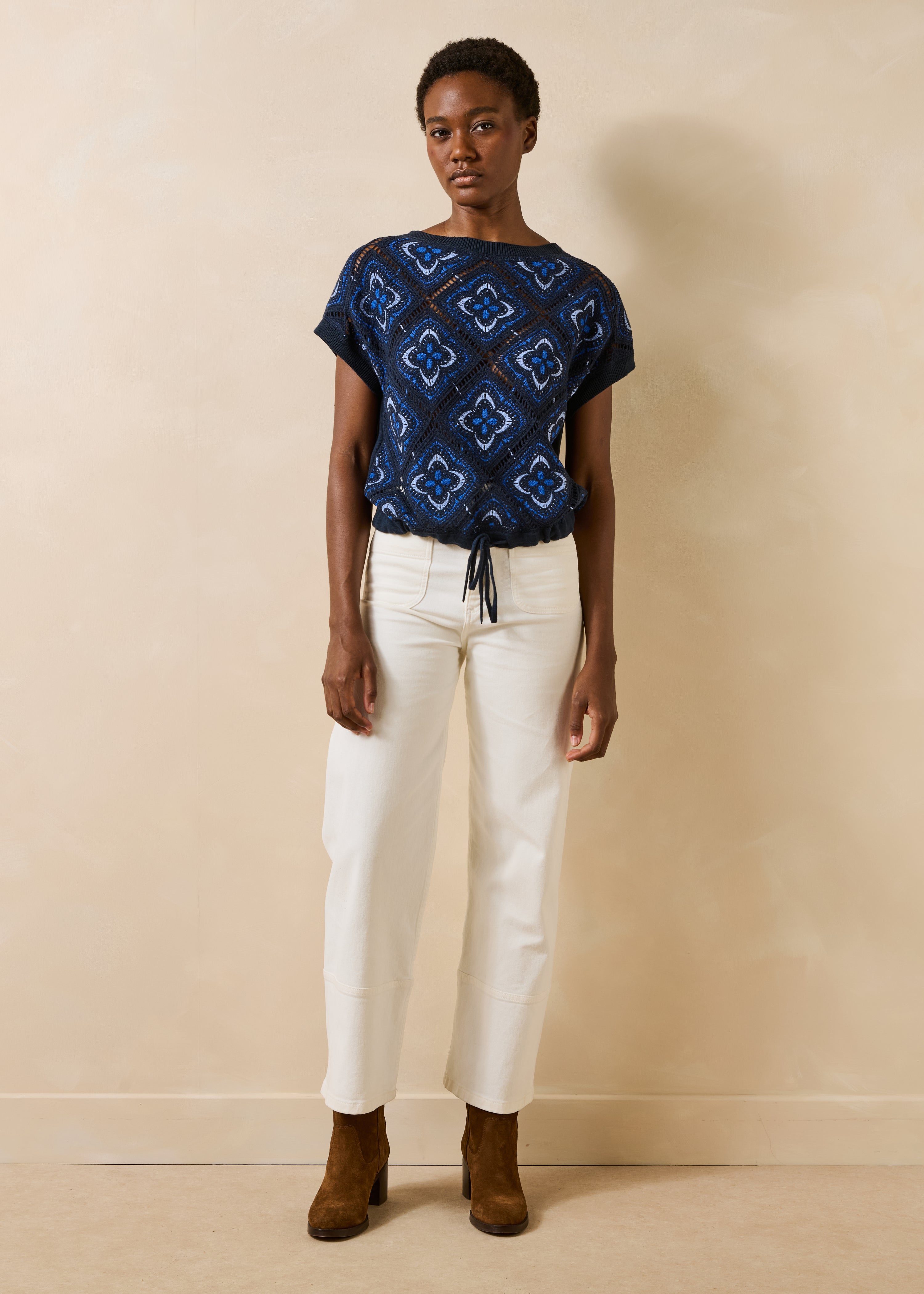 Blue short-sleeve crochet knit sweater