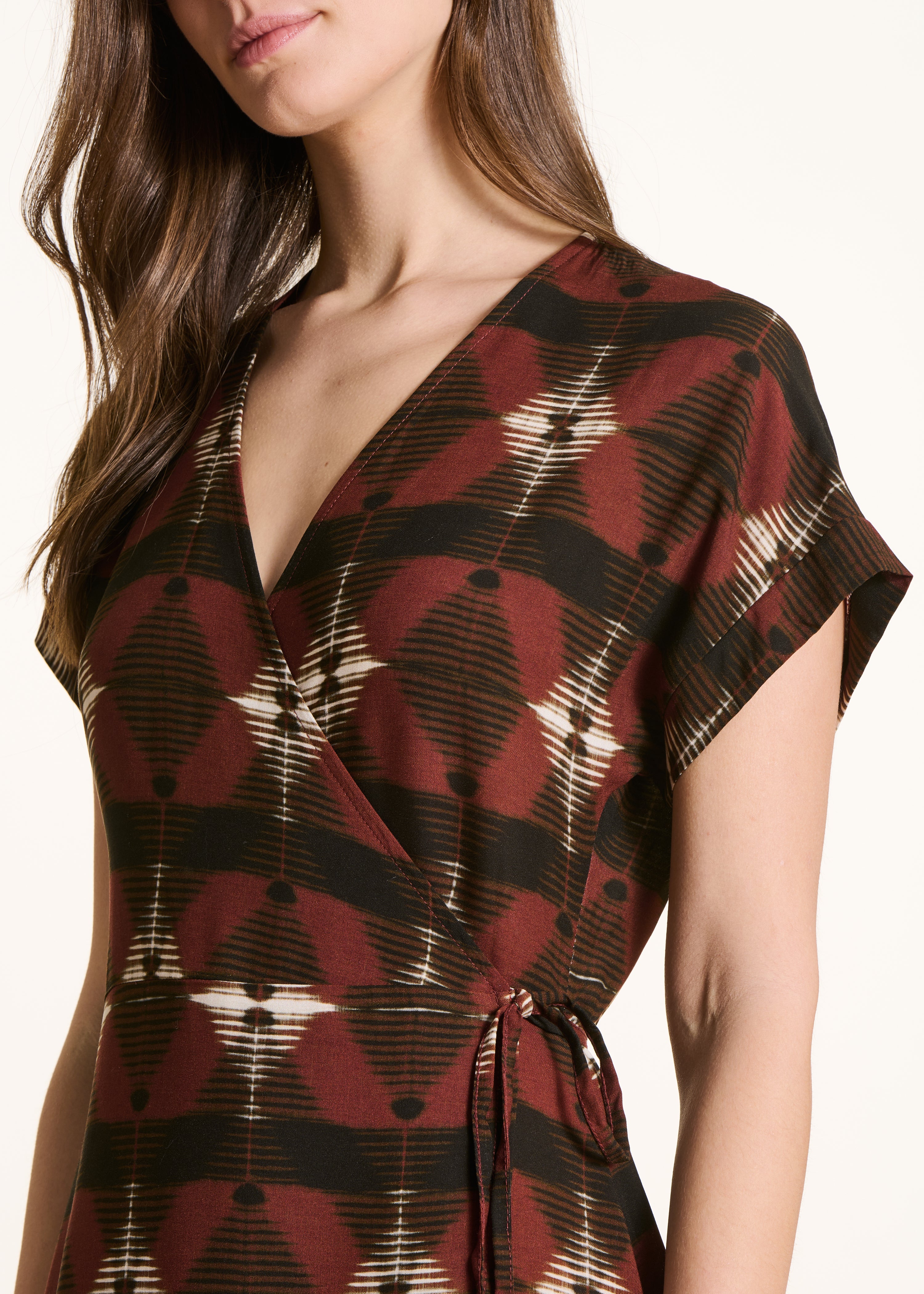 Brown long wrap dress with print
