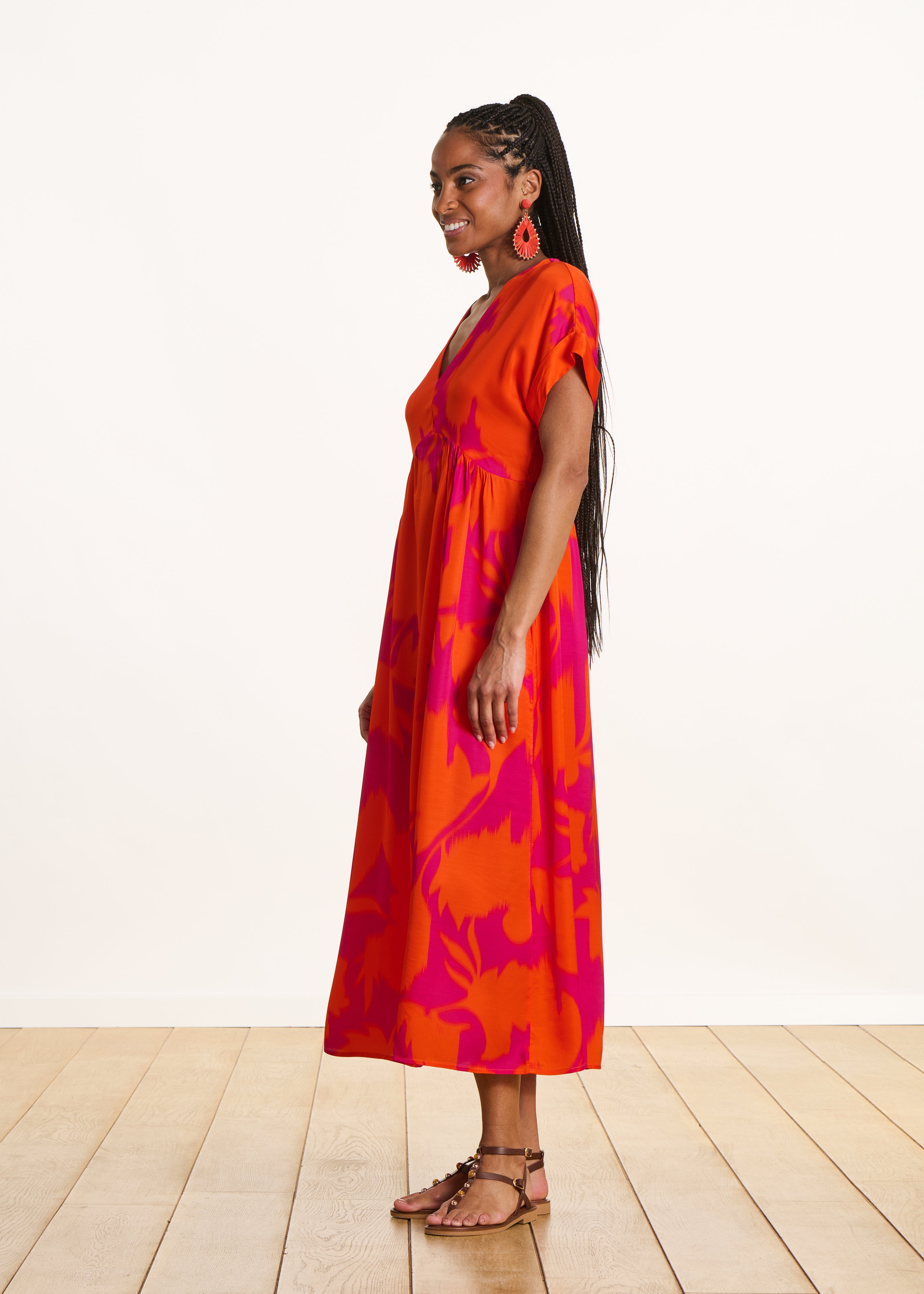 Long floral satin dress in pink and orange