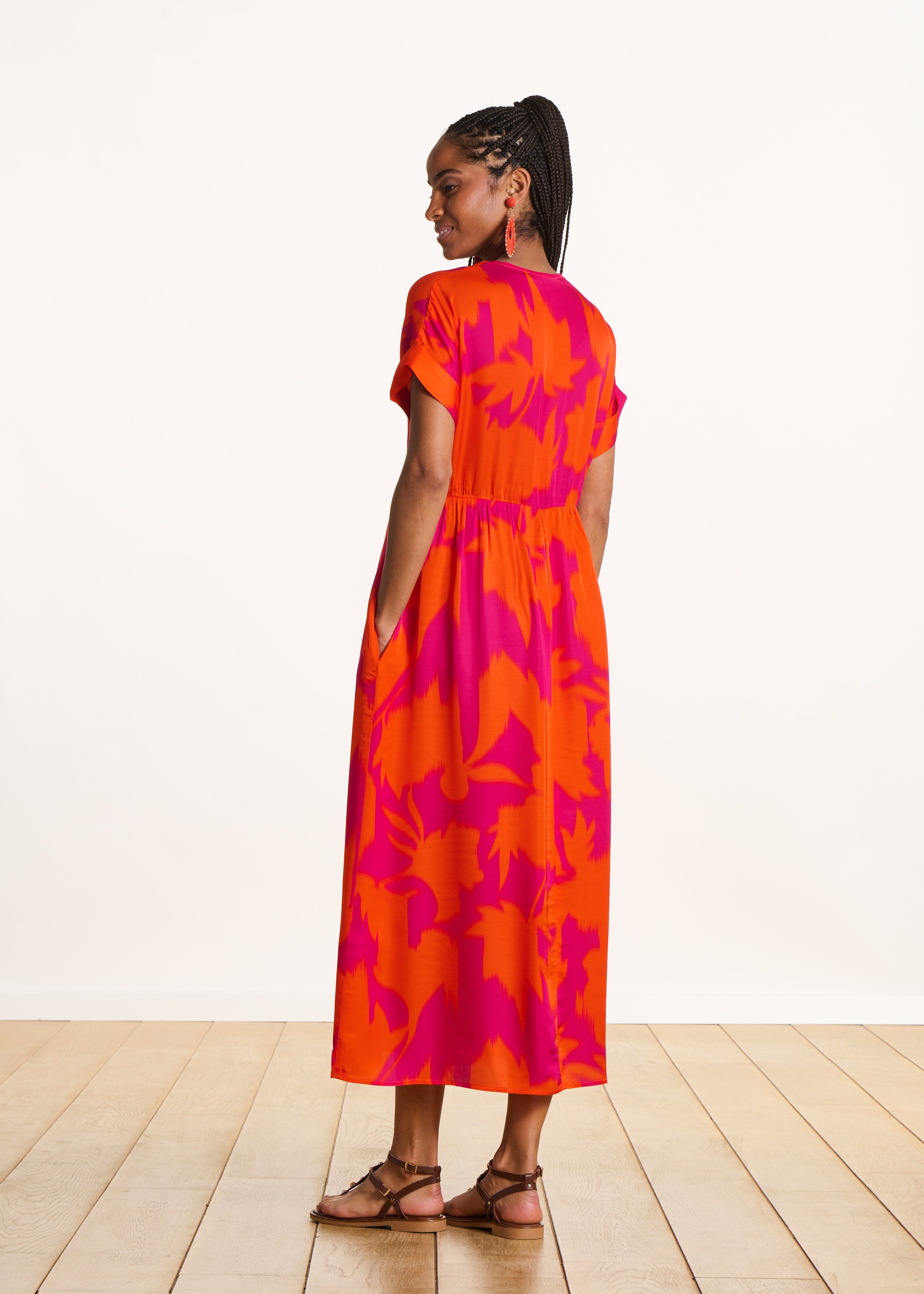 Long floral satin dress in pink and orange