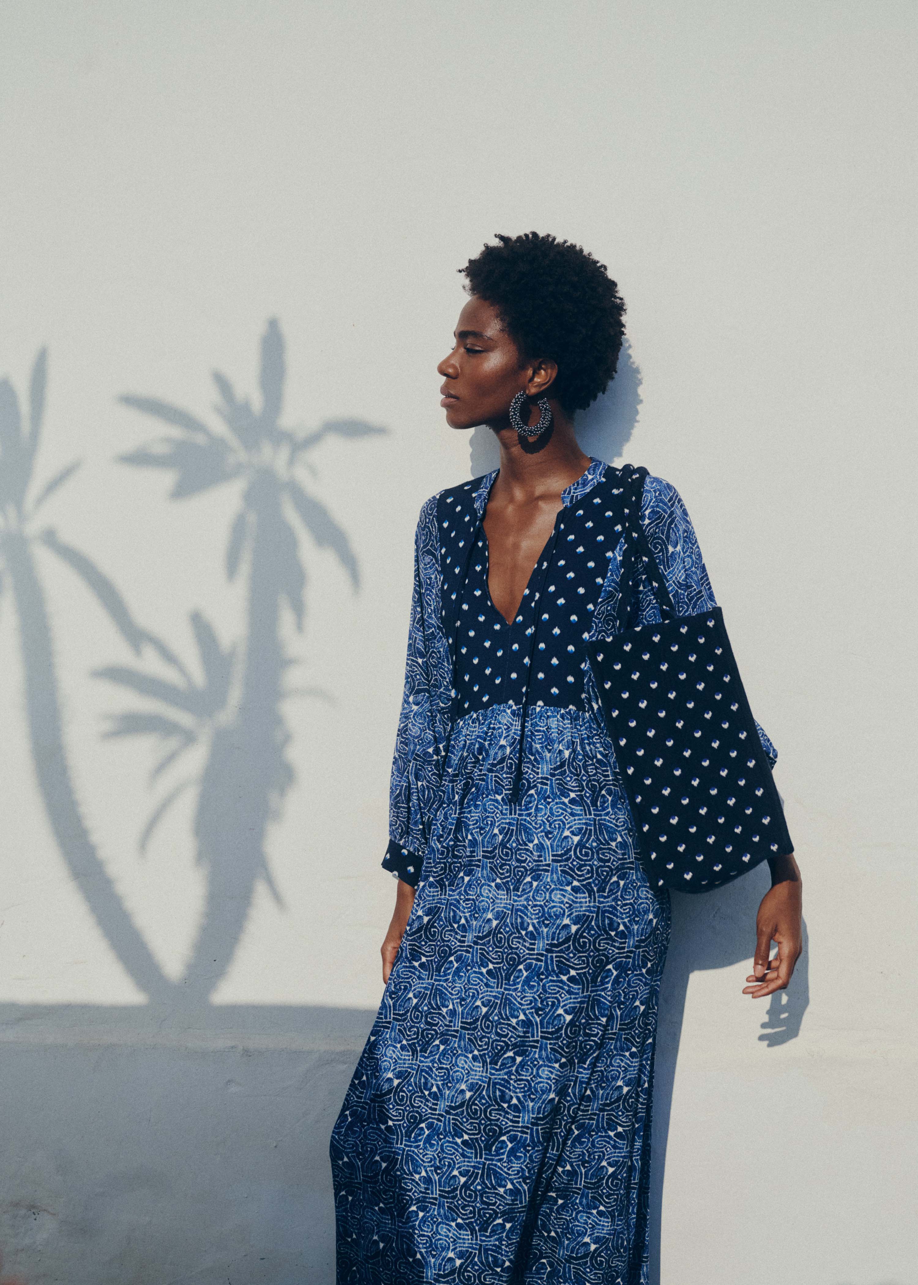Blue loose long dress with patchwork prints