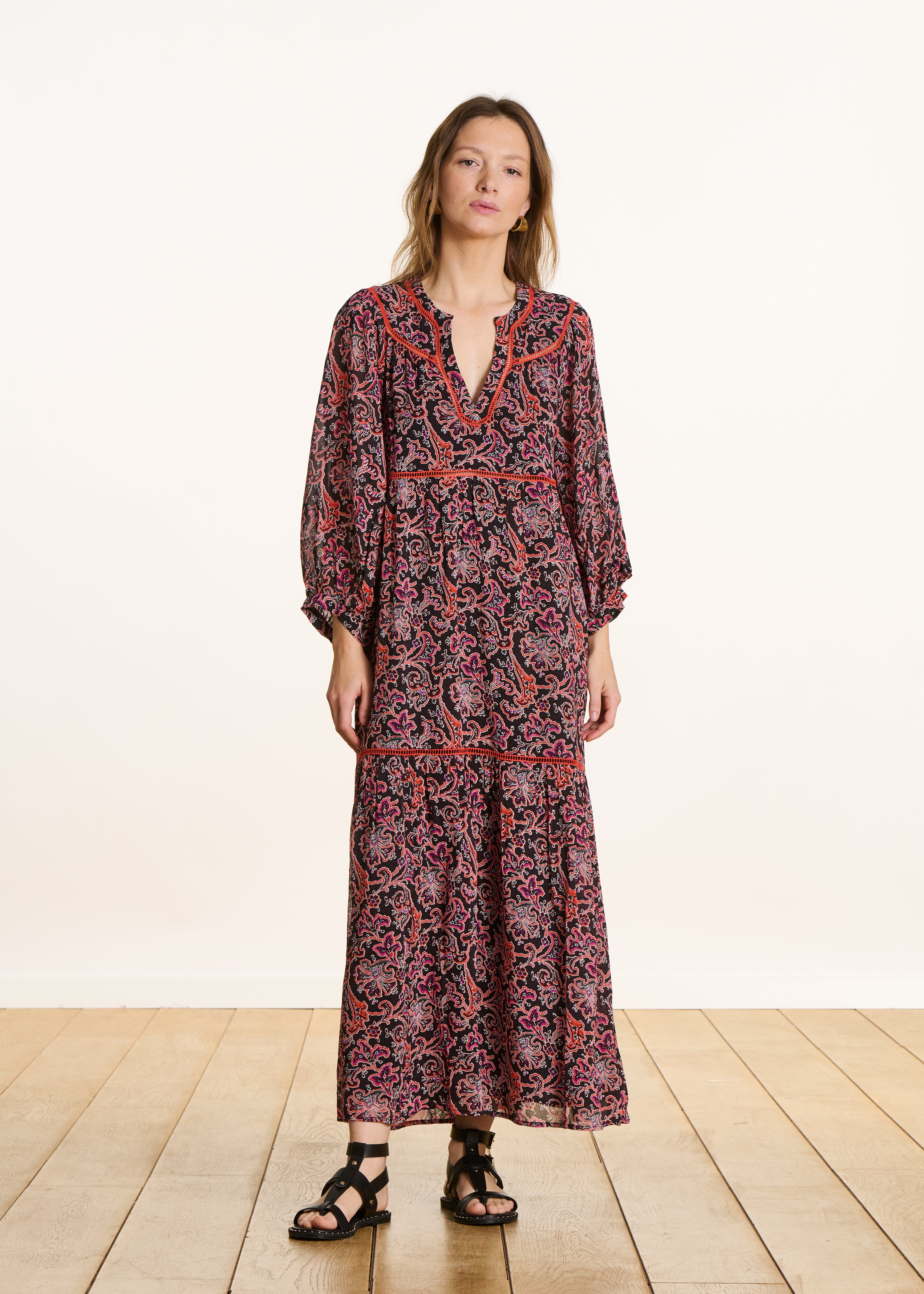 Black long dress with 3/4 sleeves and floral print