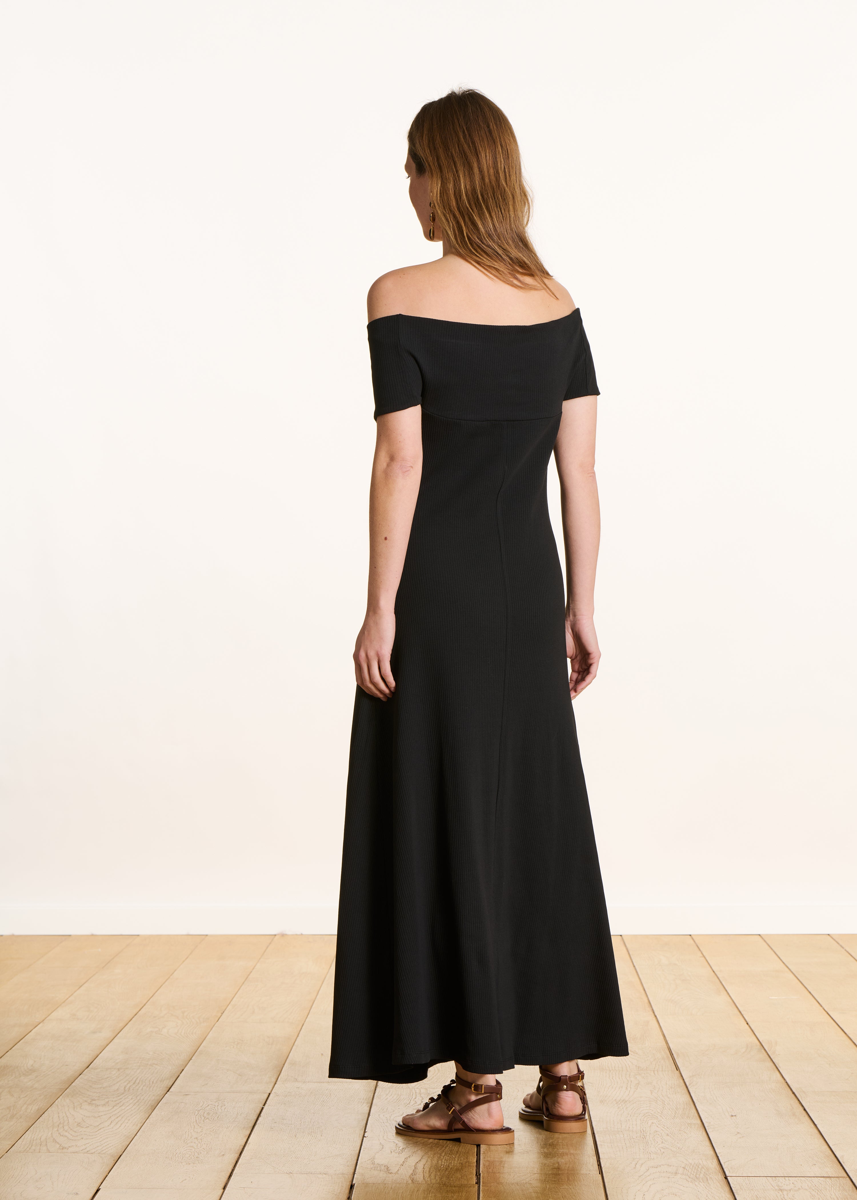 Black fitted midi dress with crossed Bardot neckline