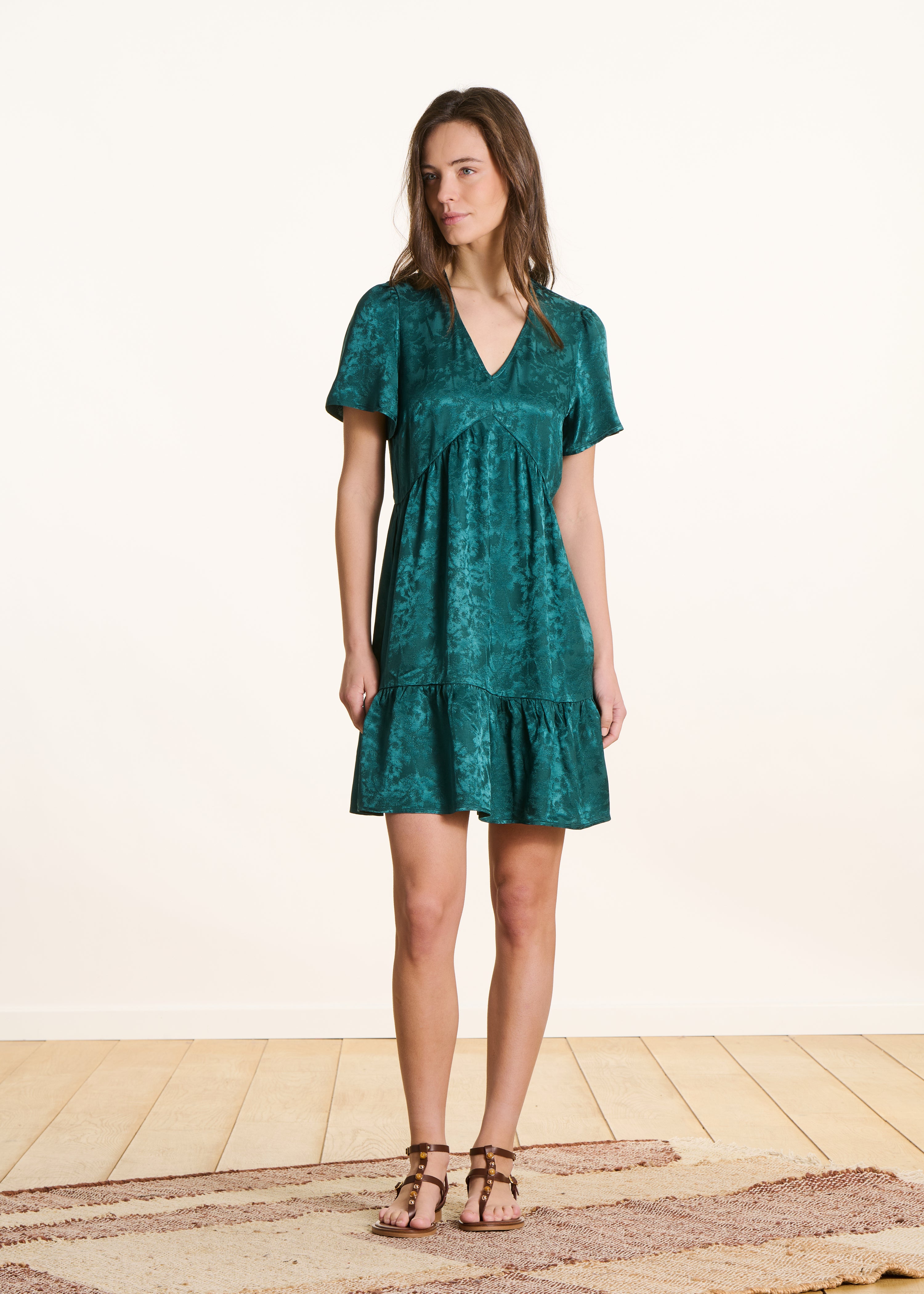 Short flowing petrol green dress in jacquard