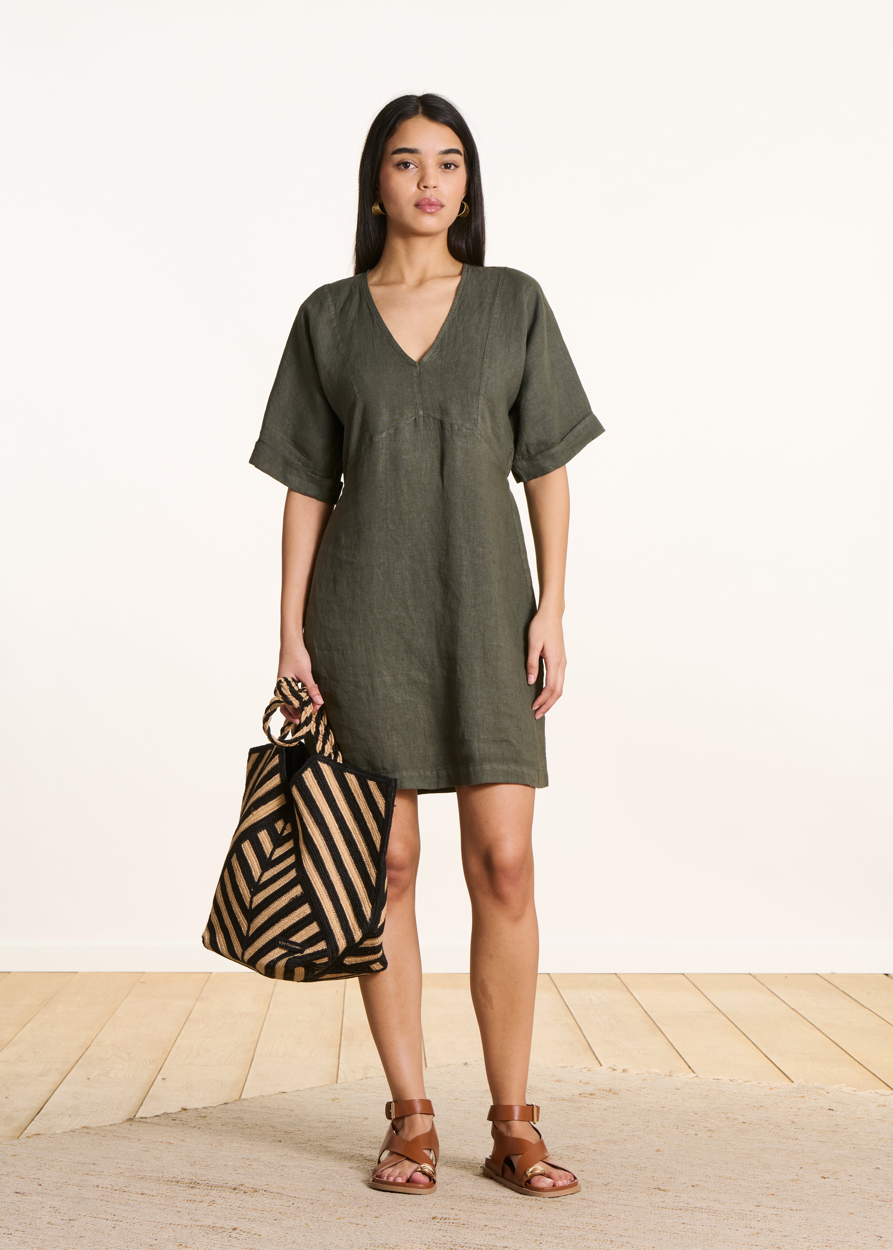 Loose short khaki linen dress with V-neck