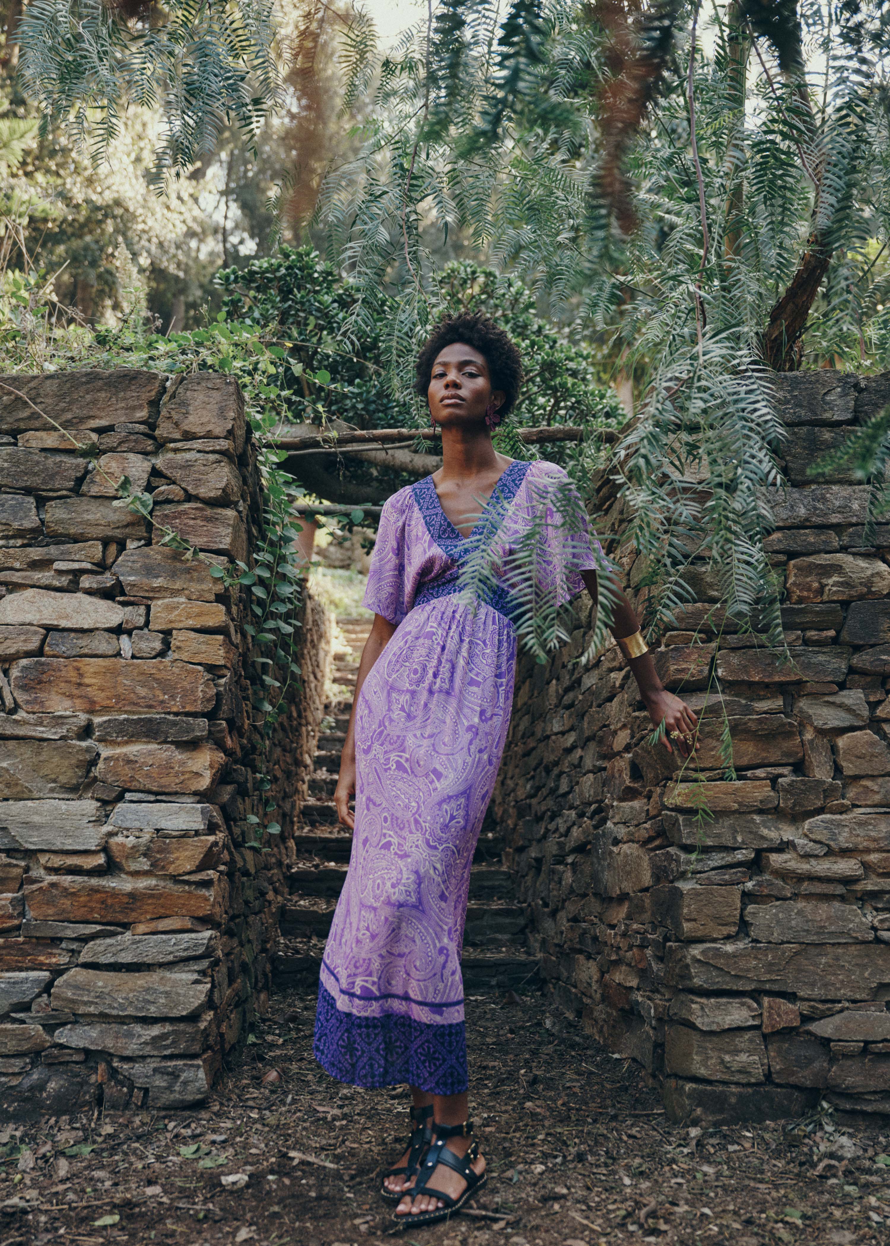Long violet voile dress with print