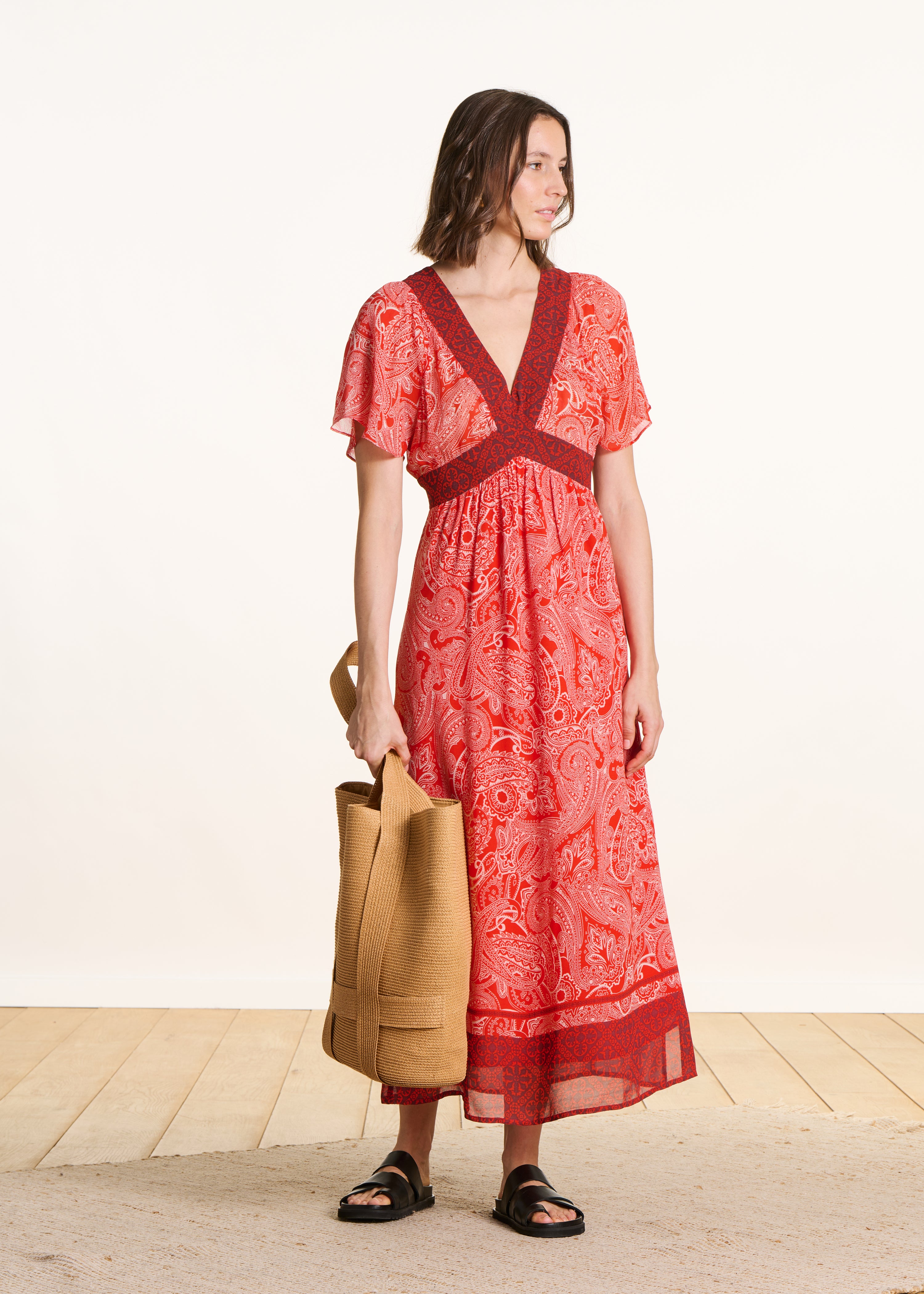 Long orange voile dress with print
