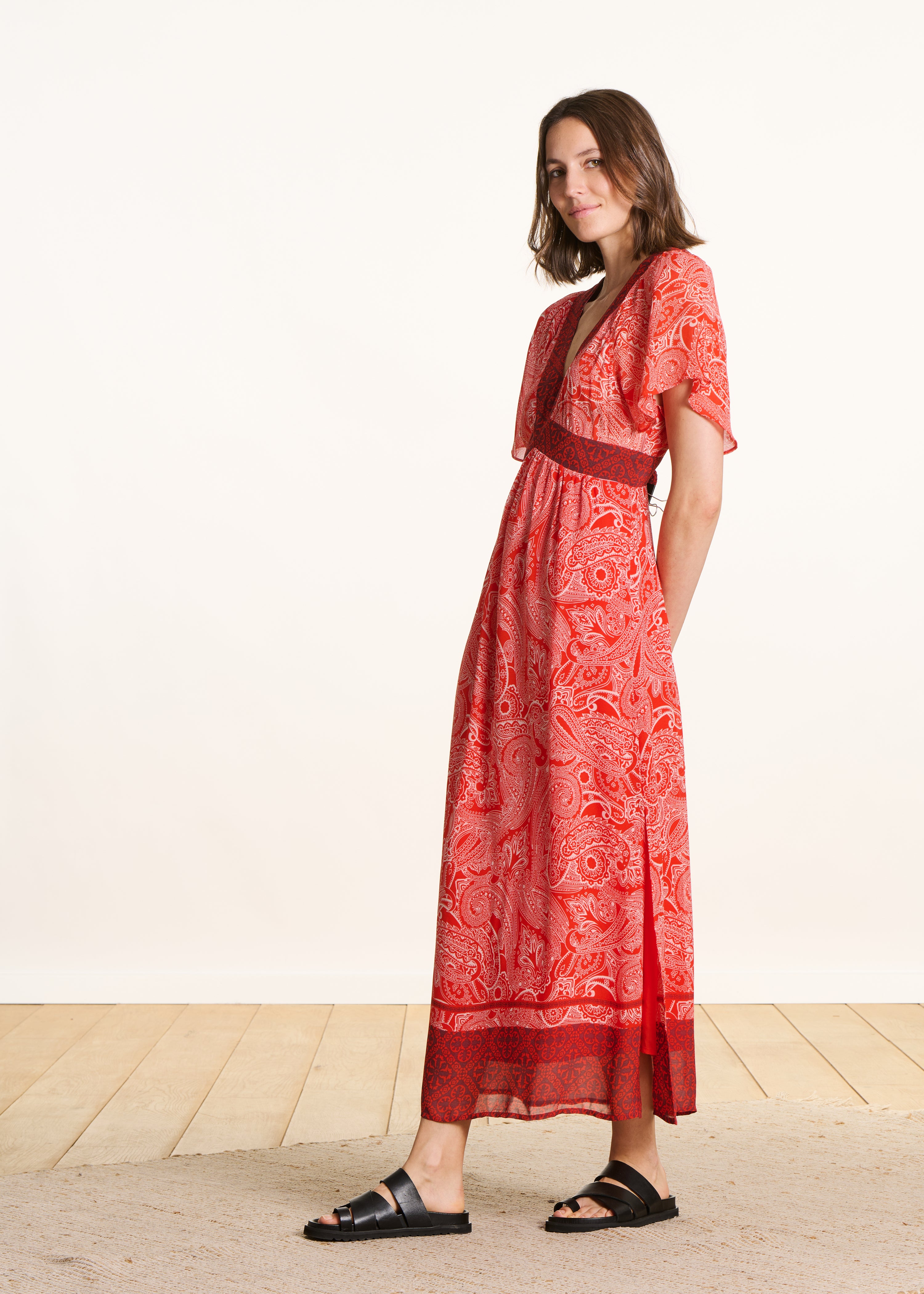 Long orange voile dress with print