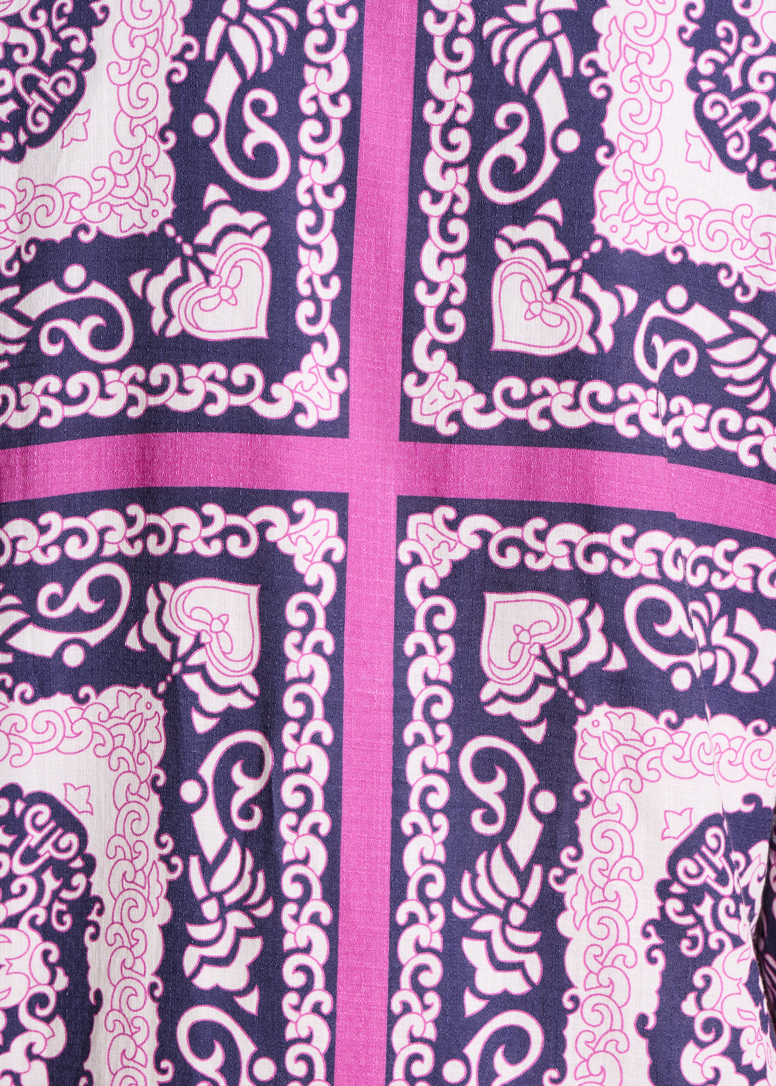 Straight short dress in purple and pink with scarf print