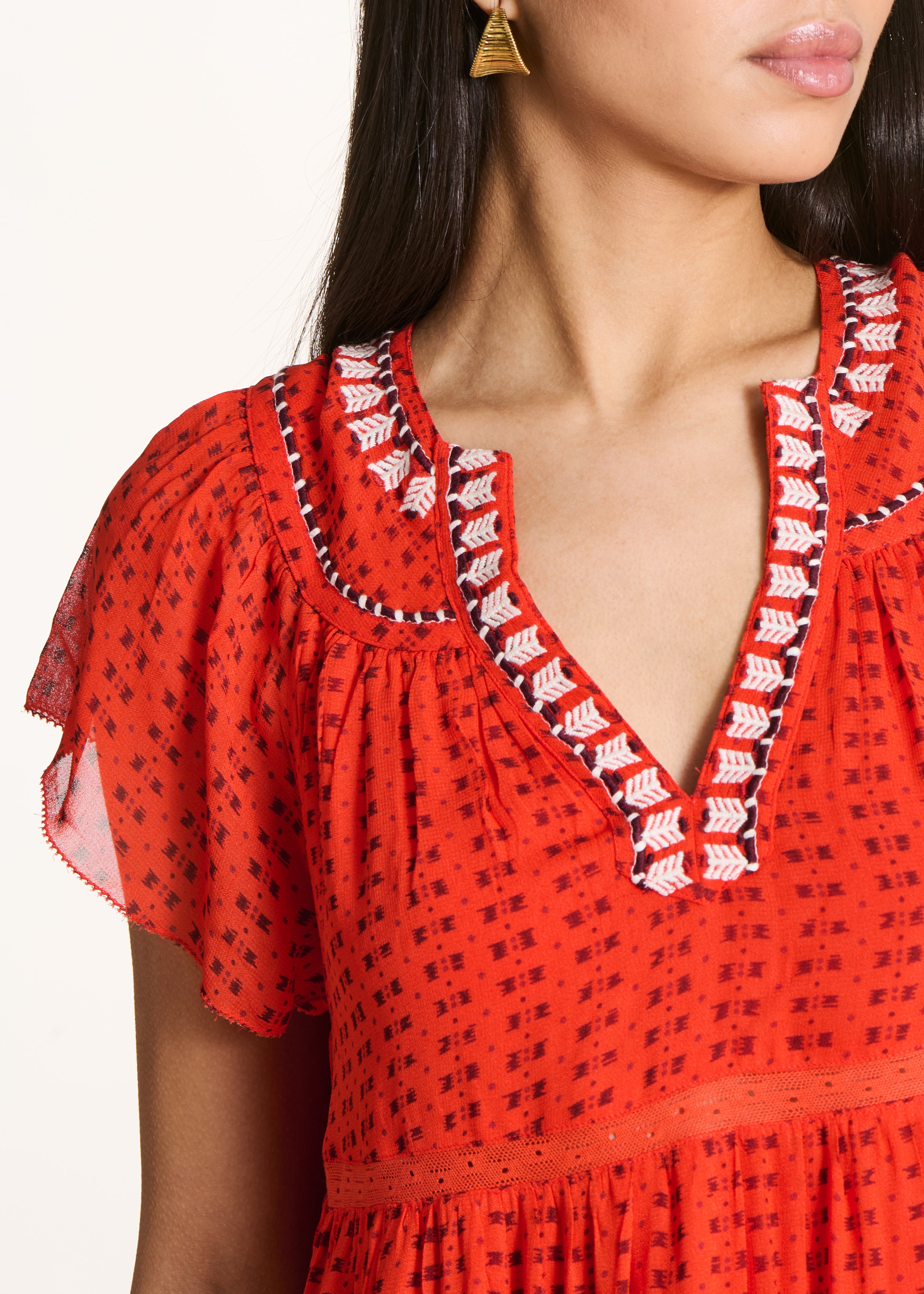 Vestido largo naranja estampado con volantes