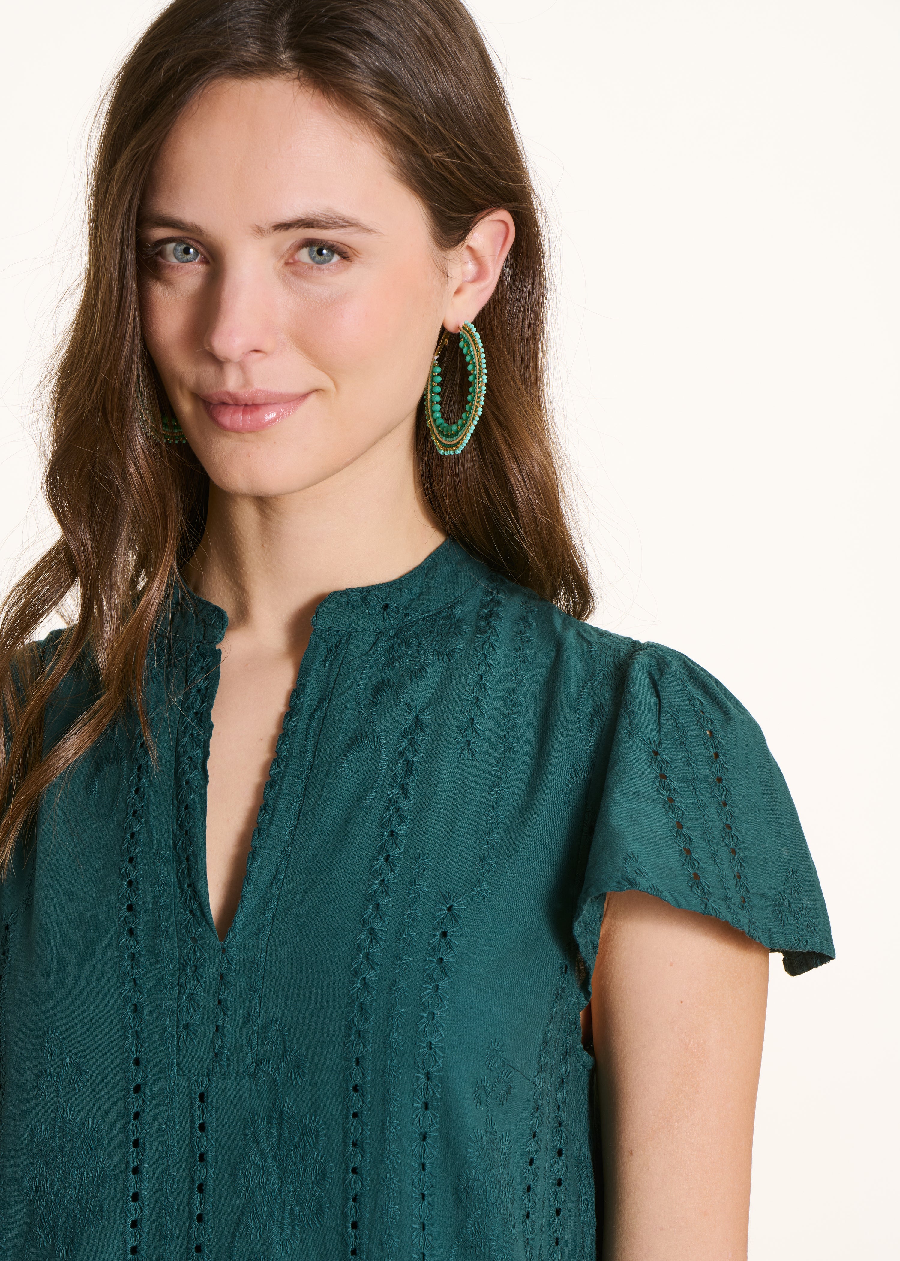 Dark green short dress in eyelet embroidery with ruffle