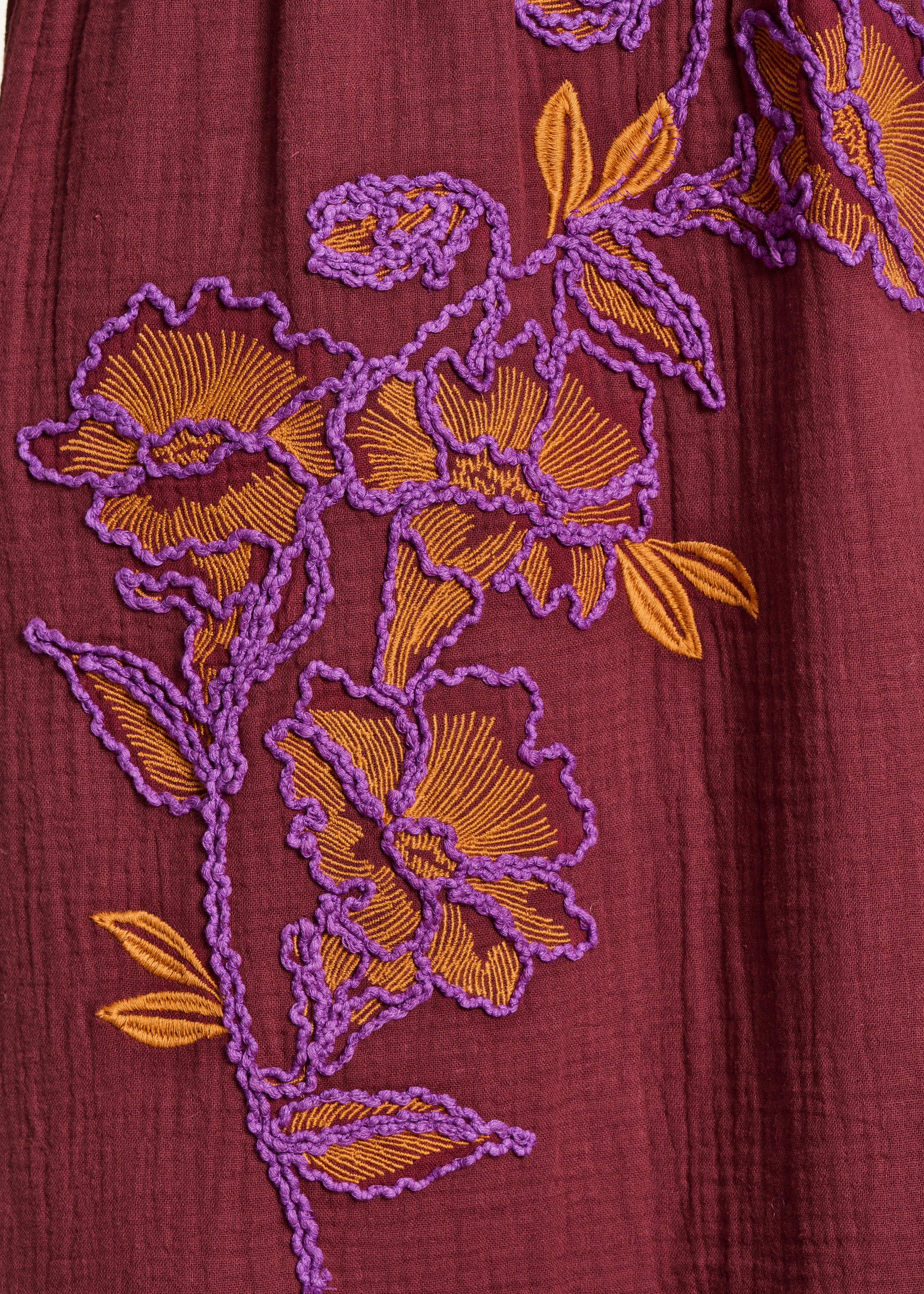 Long dress in embroidered brown cotton gauze with short sleeves