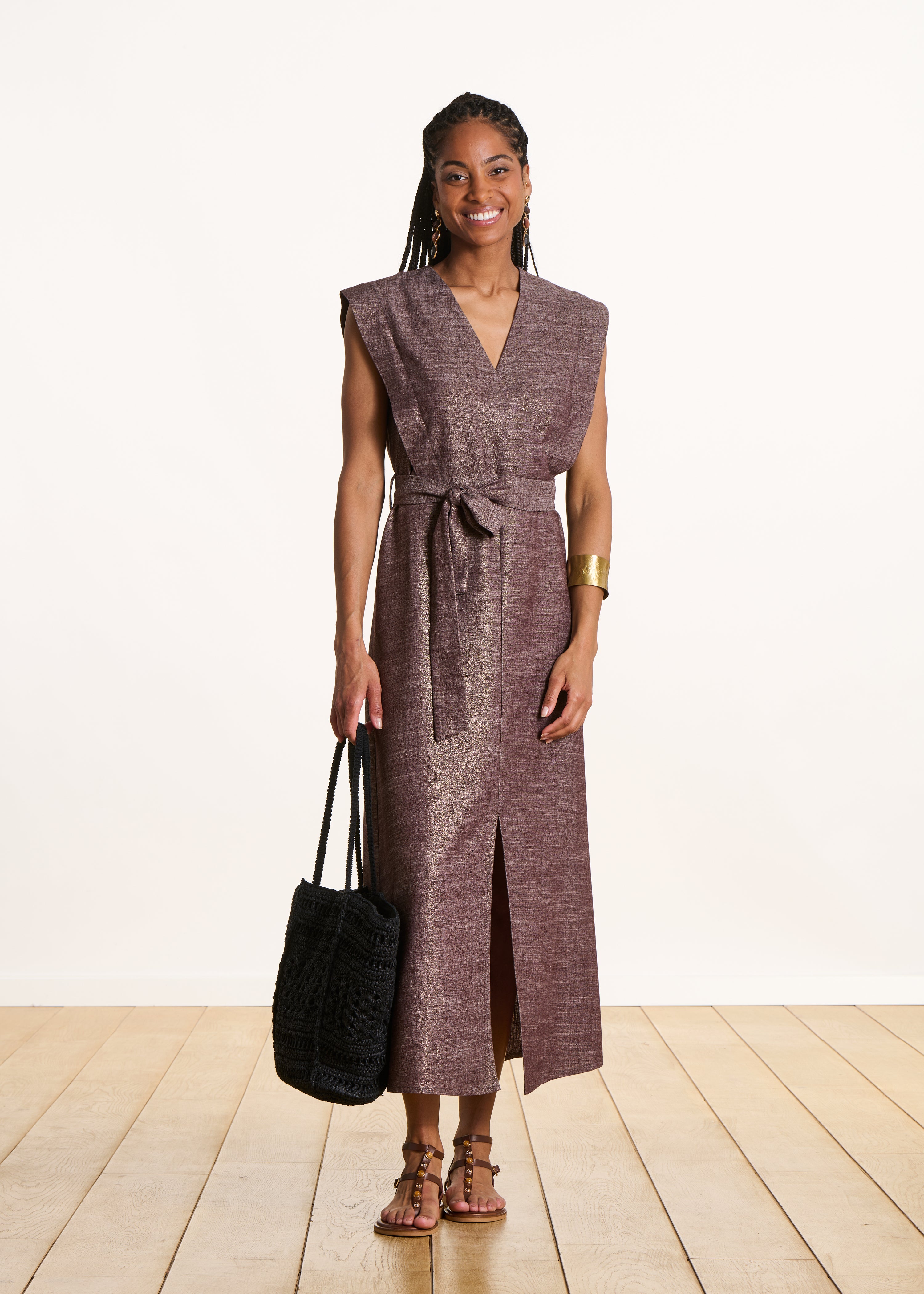 Schimmerndes Midi-Kleid in Braun mit Wickeloptik