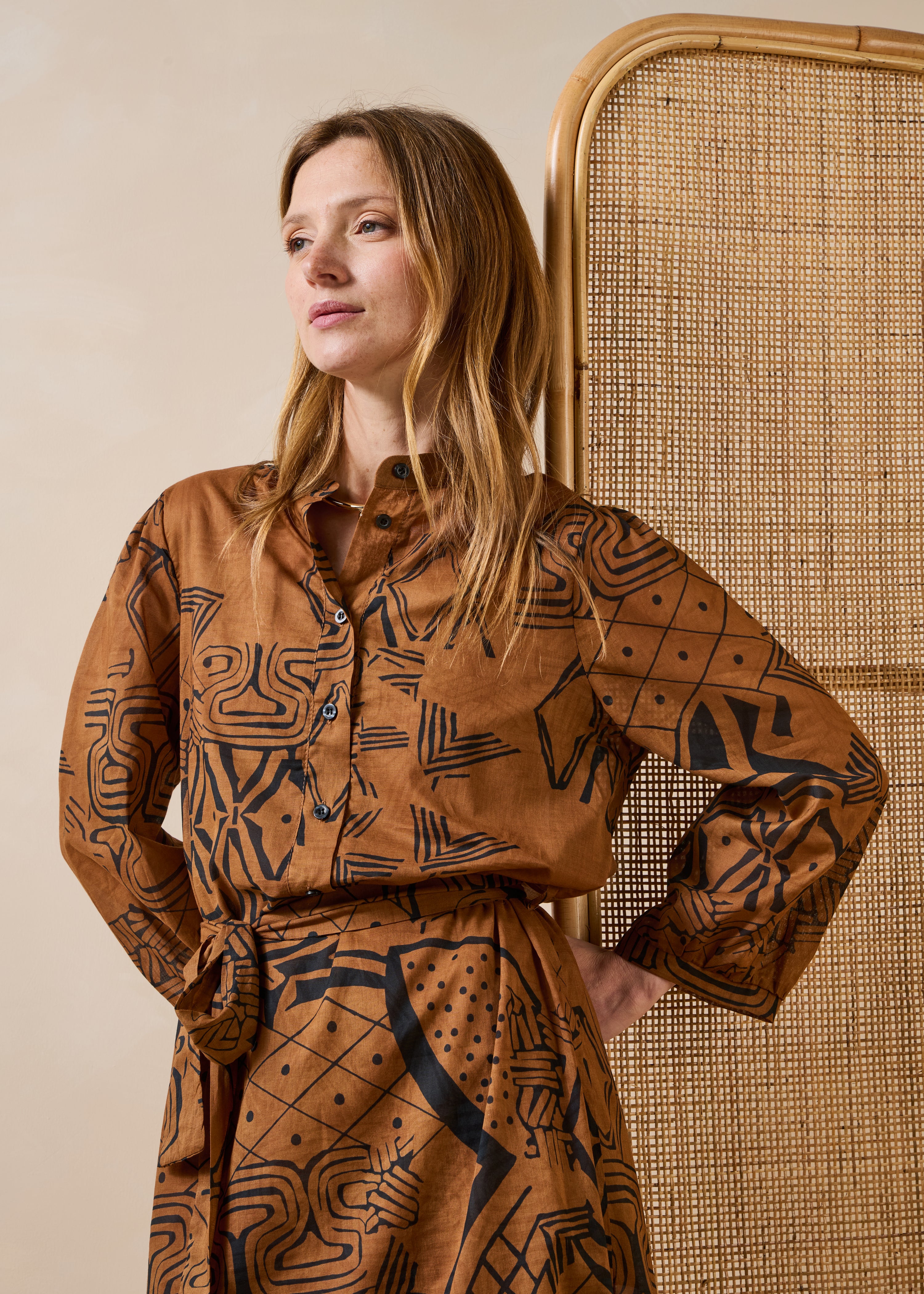 Brown printed cotton voile midi dress
