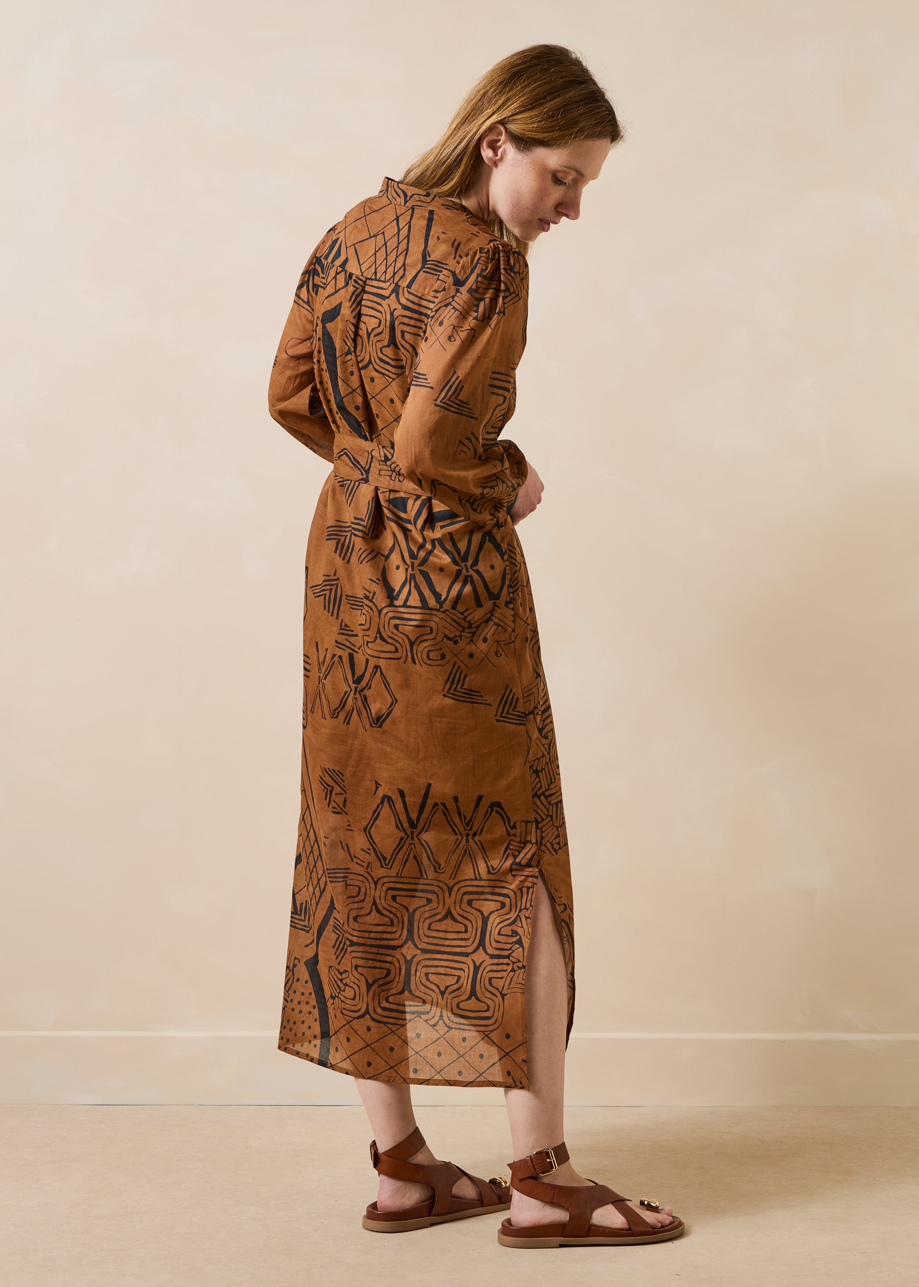 Brown printed cotton voile midi dress