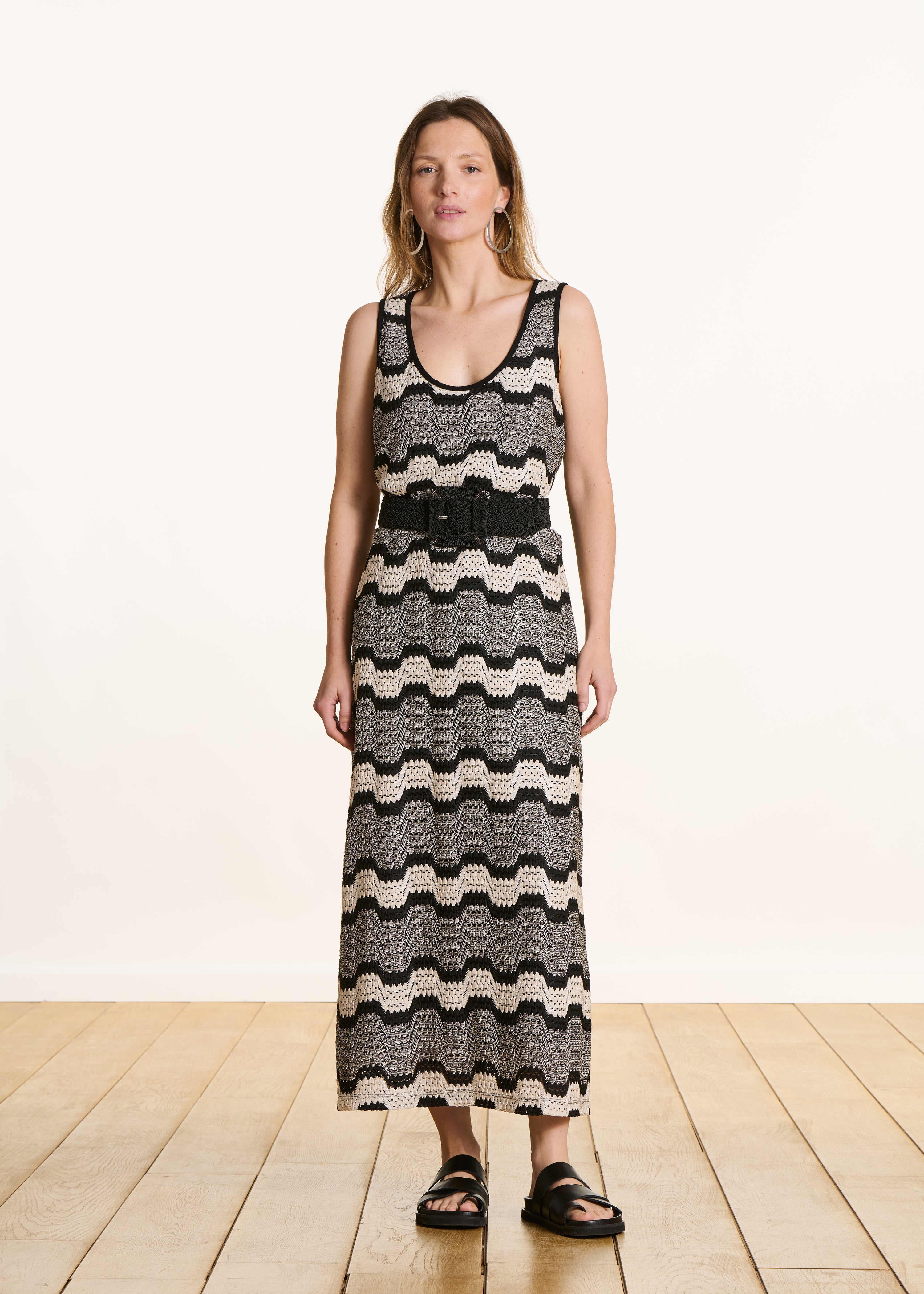 Black sleeveless long crochet dress