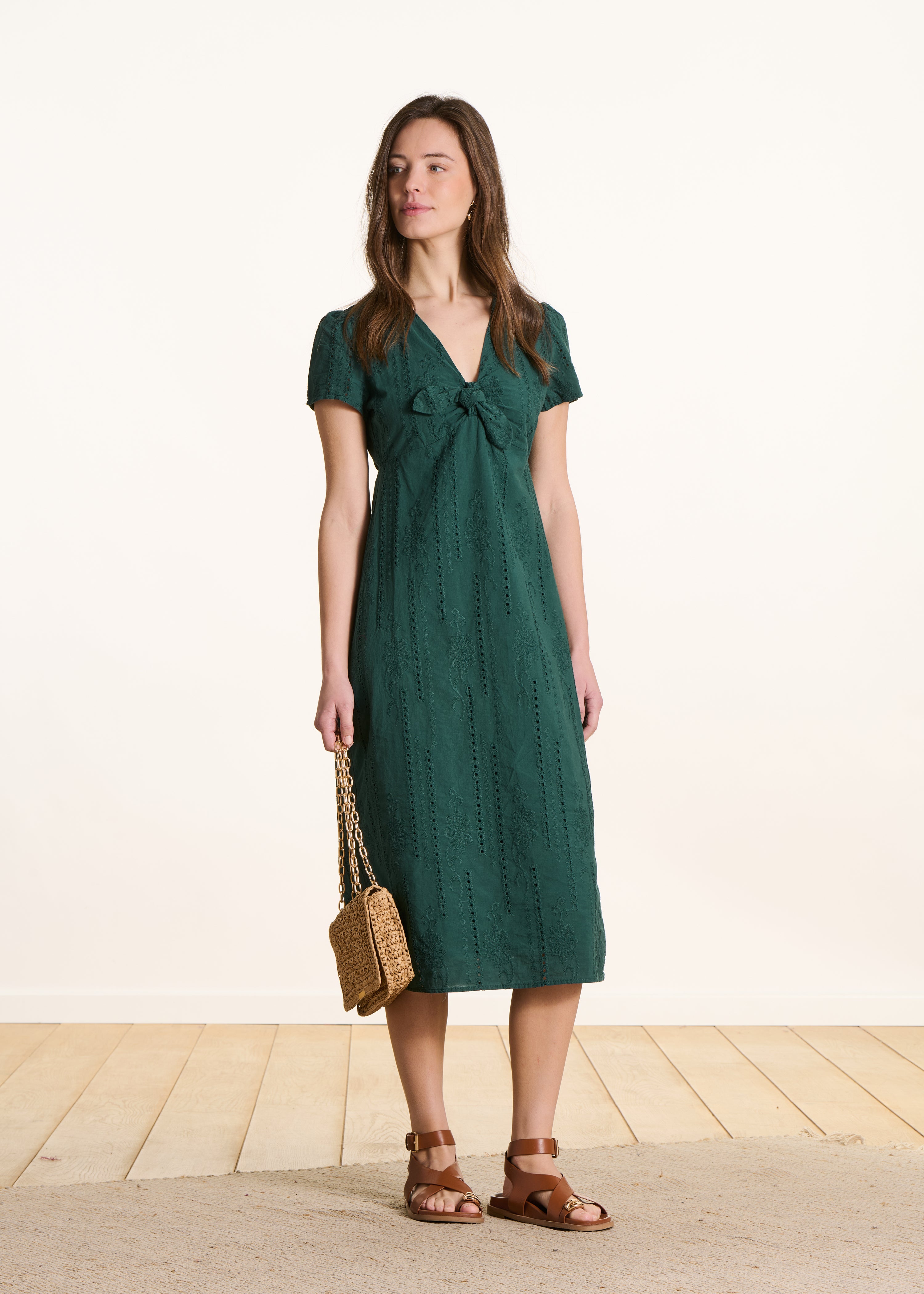 Dark green midi dress in broderie anglaise