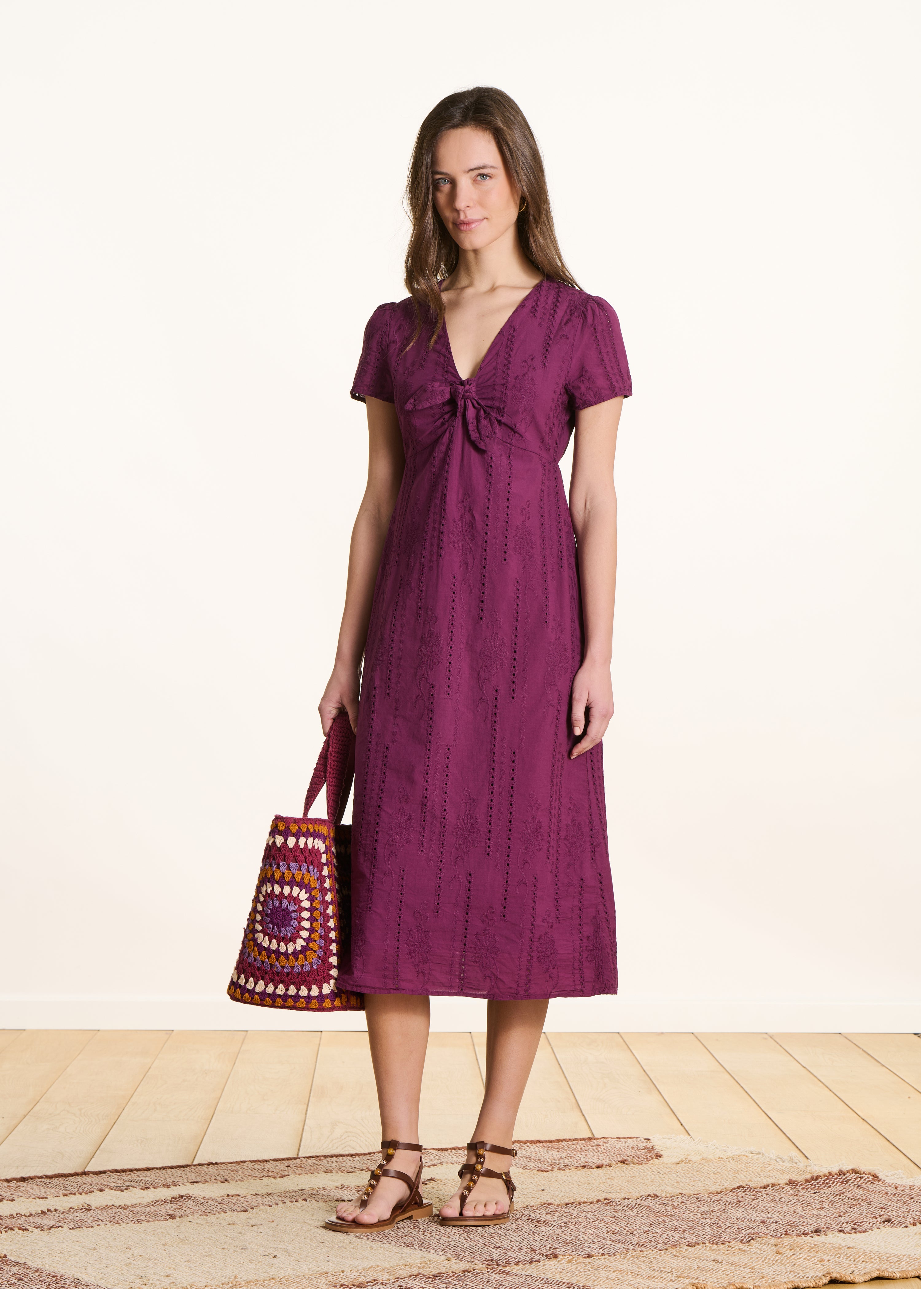 Purple midi dress in broderie anglaise