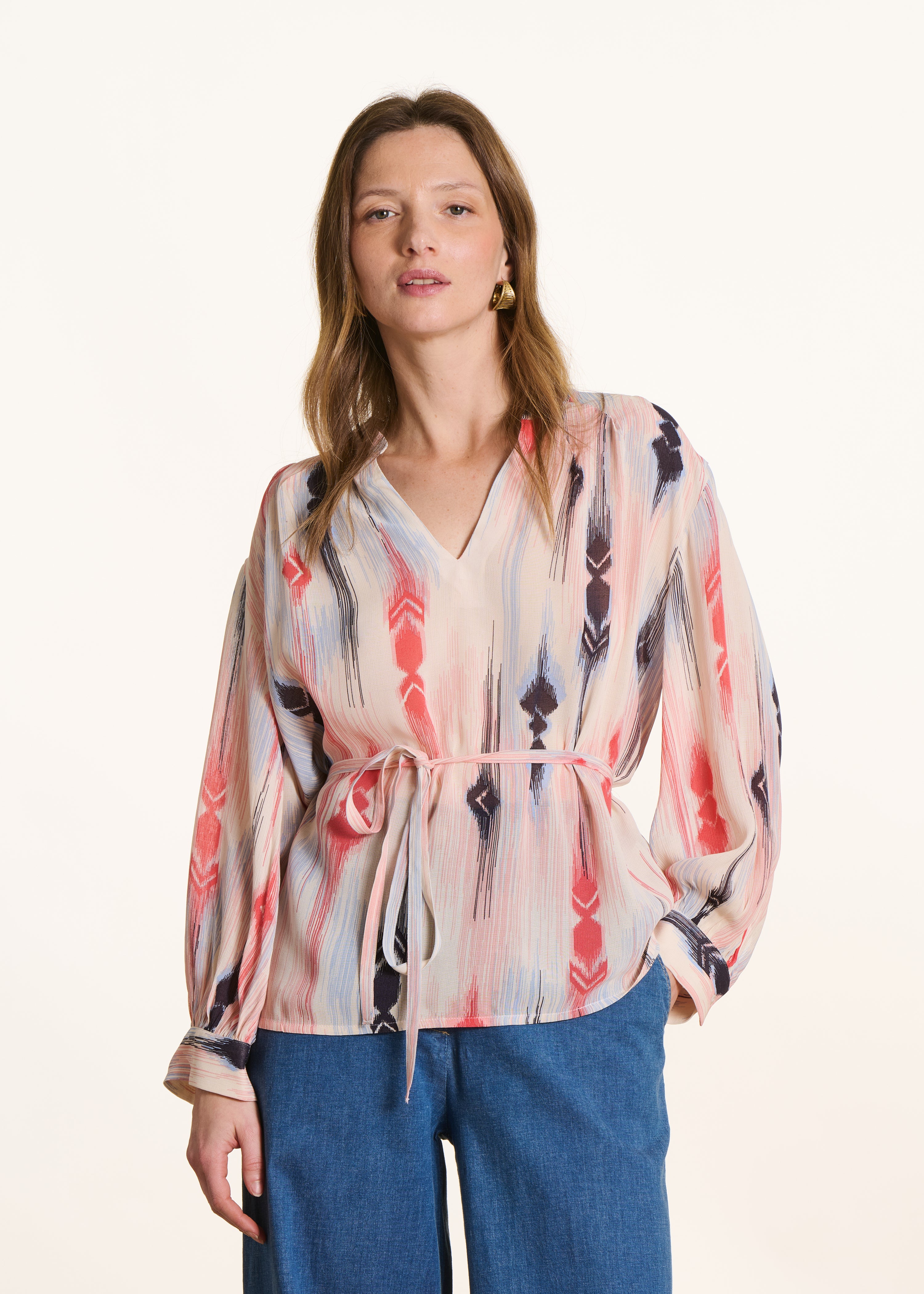 Loose pink and blue printed long-sleeve top