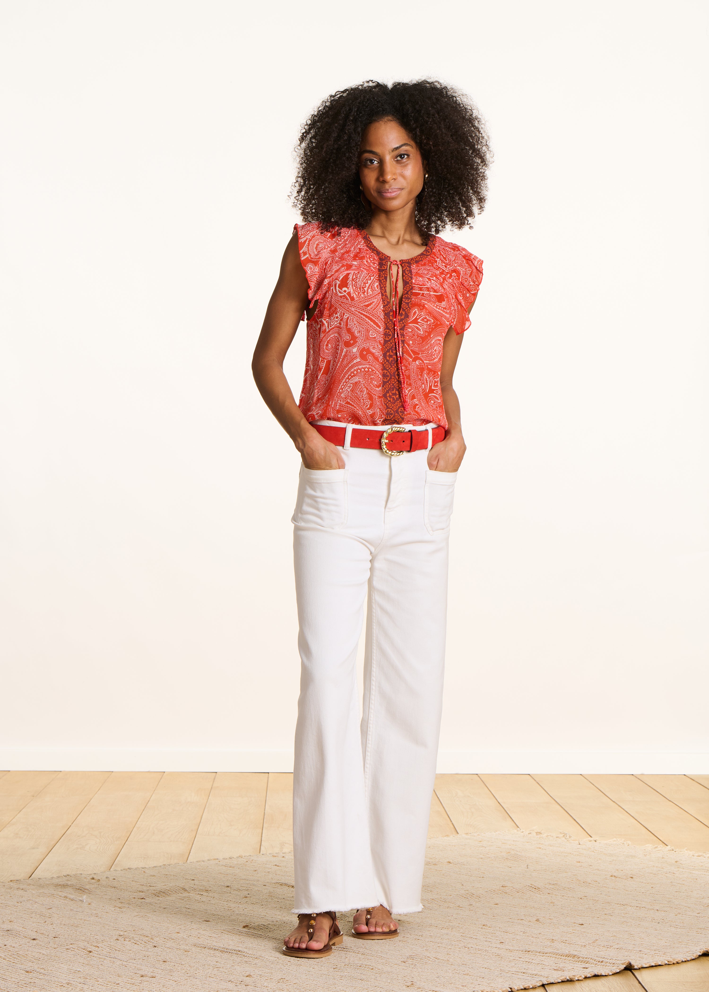 Top sans manches en voile orange à imprimé