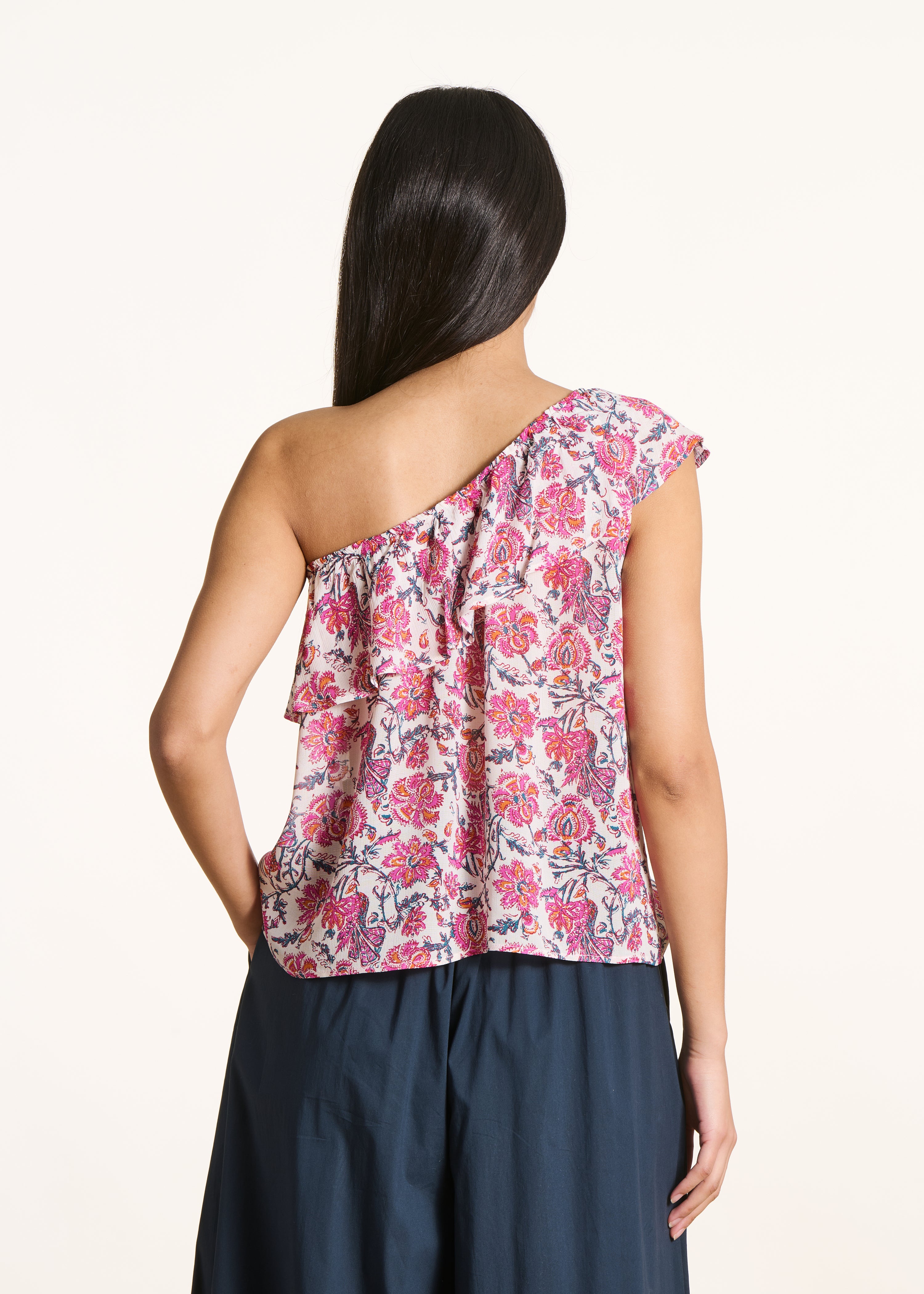 Top court rose one-shoulder à imprimé floral