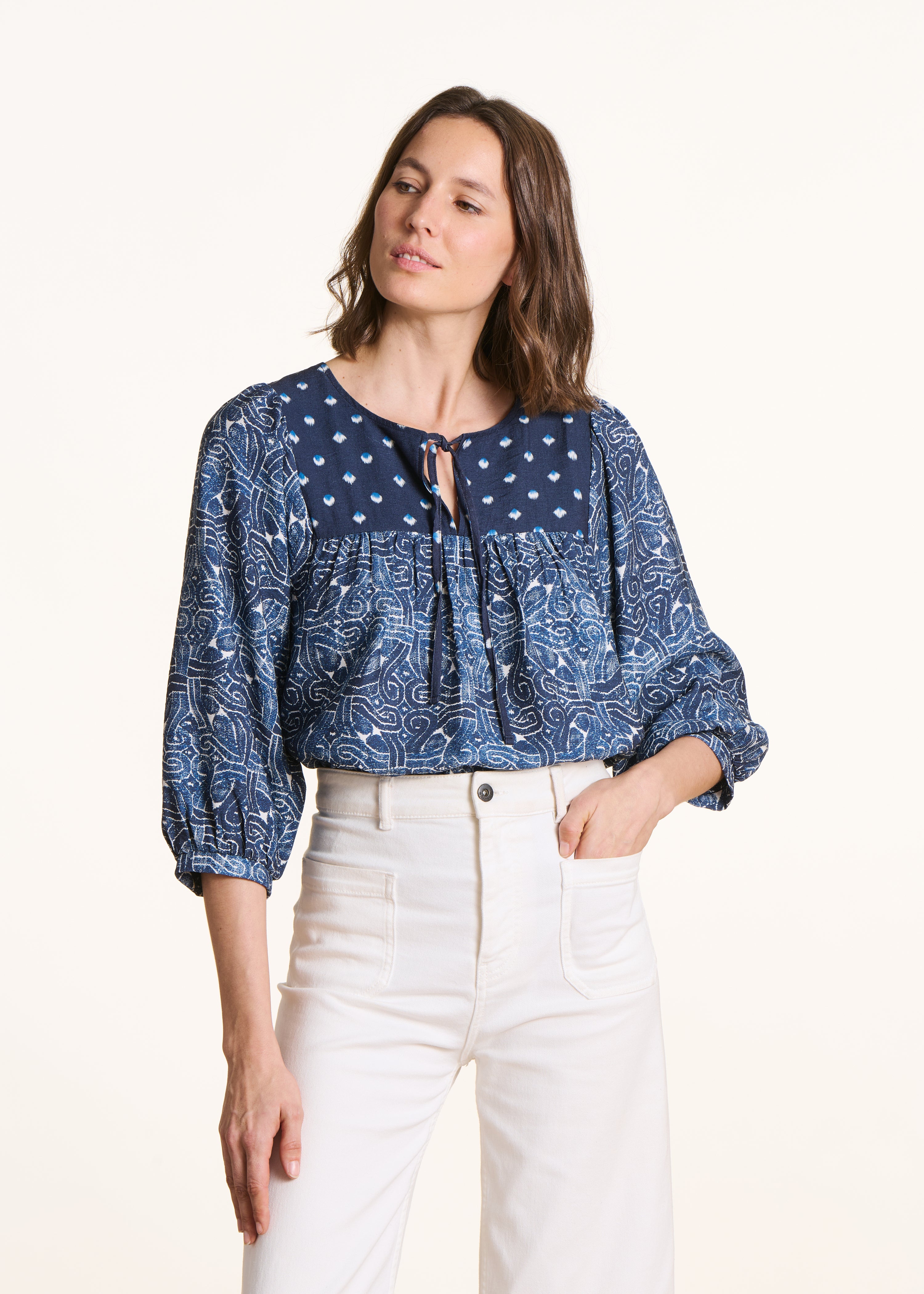 Blue patchwork printed top with three-quarter sleeves