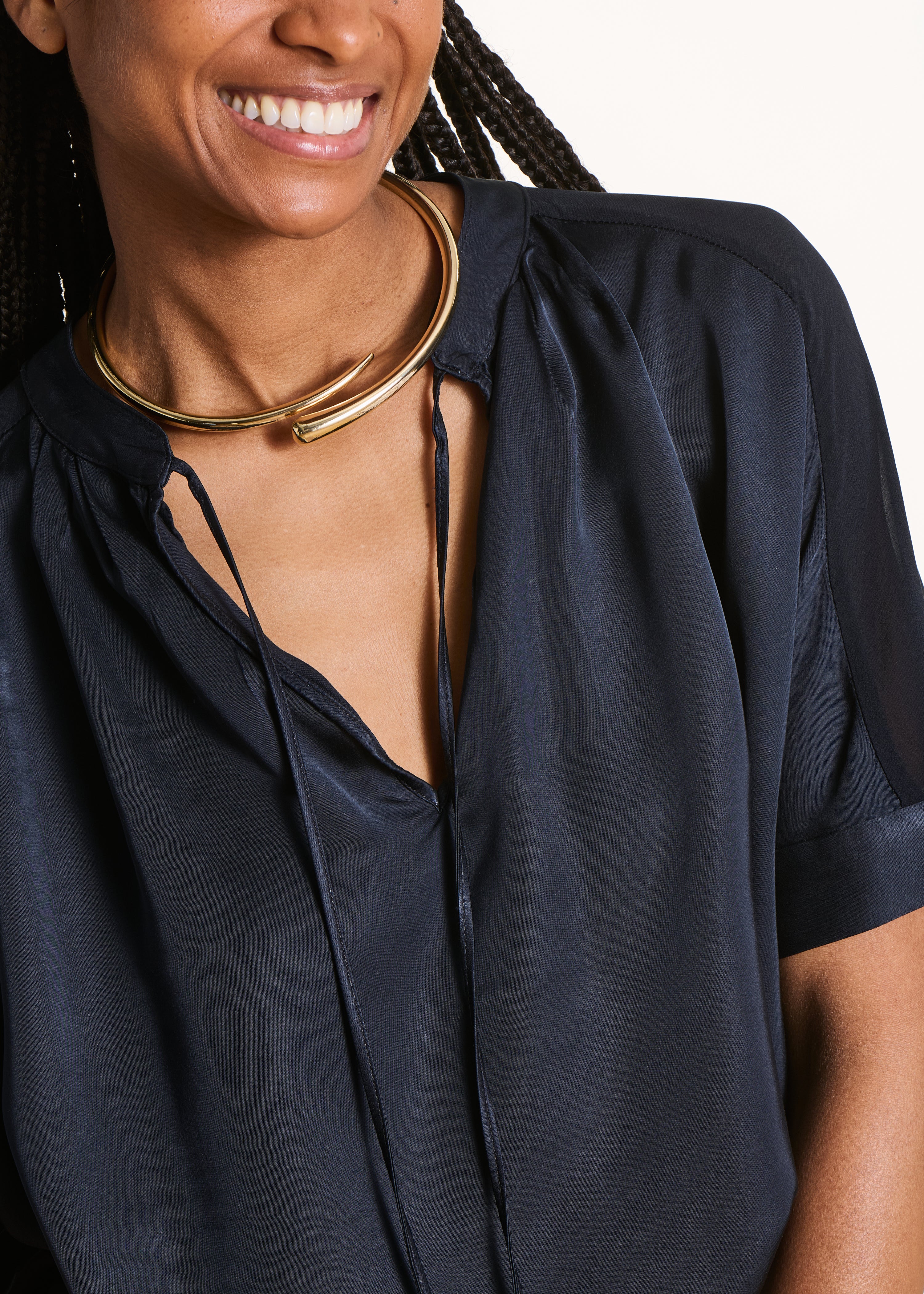 Dark blue loose satin blouse