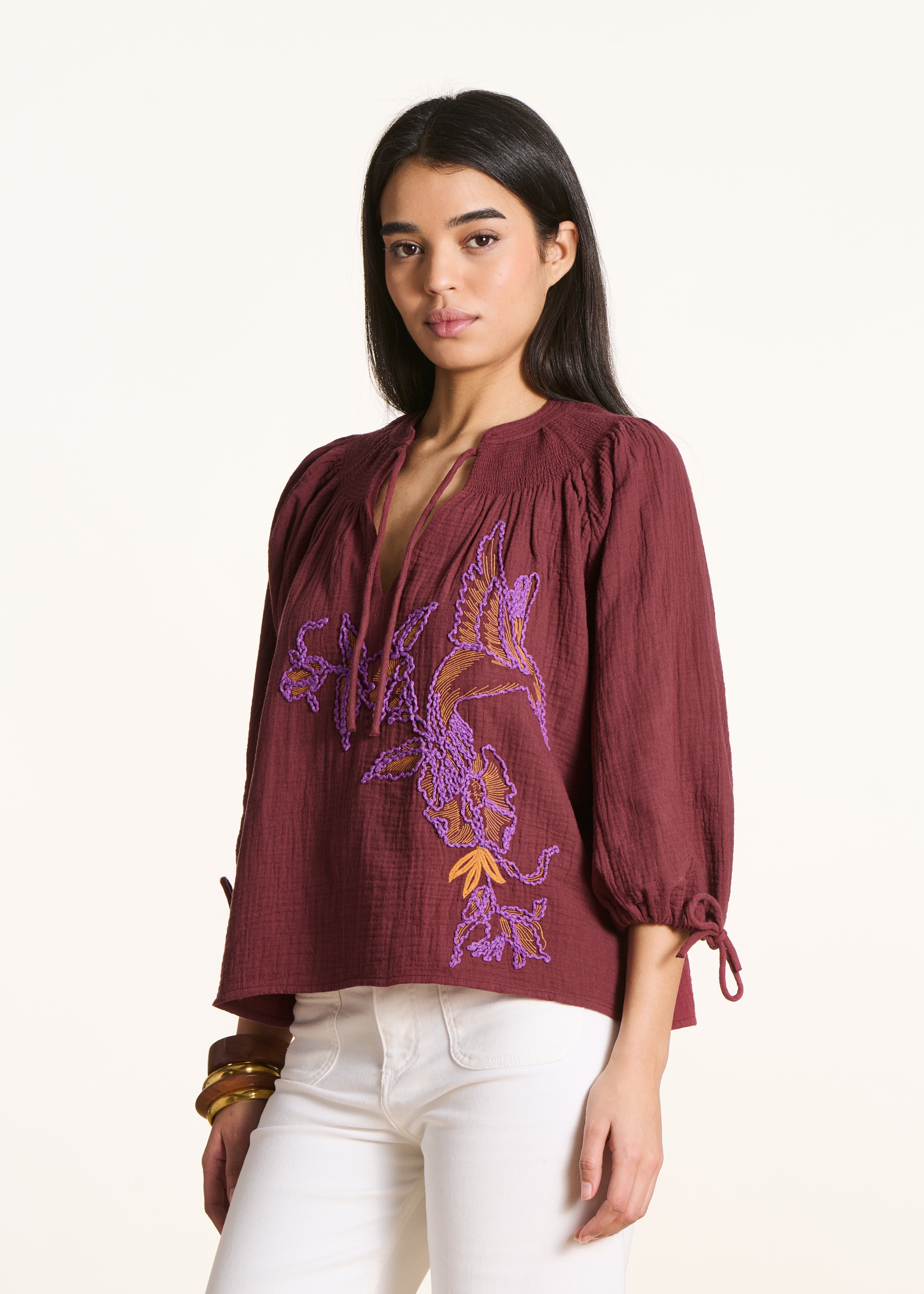 Brown embroidered cotton gauze top