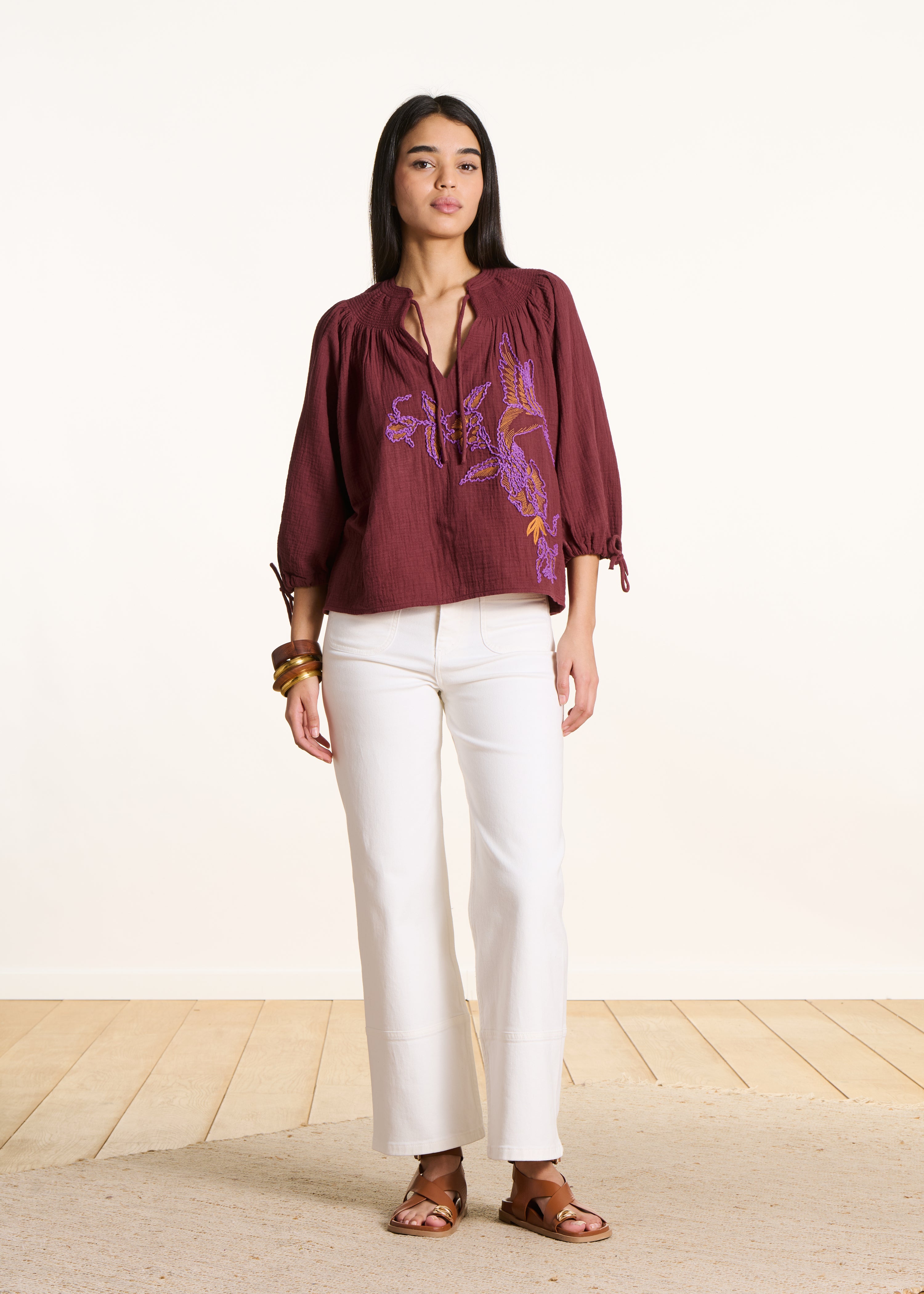 Brown embroidered cotton gauze top