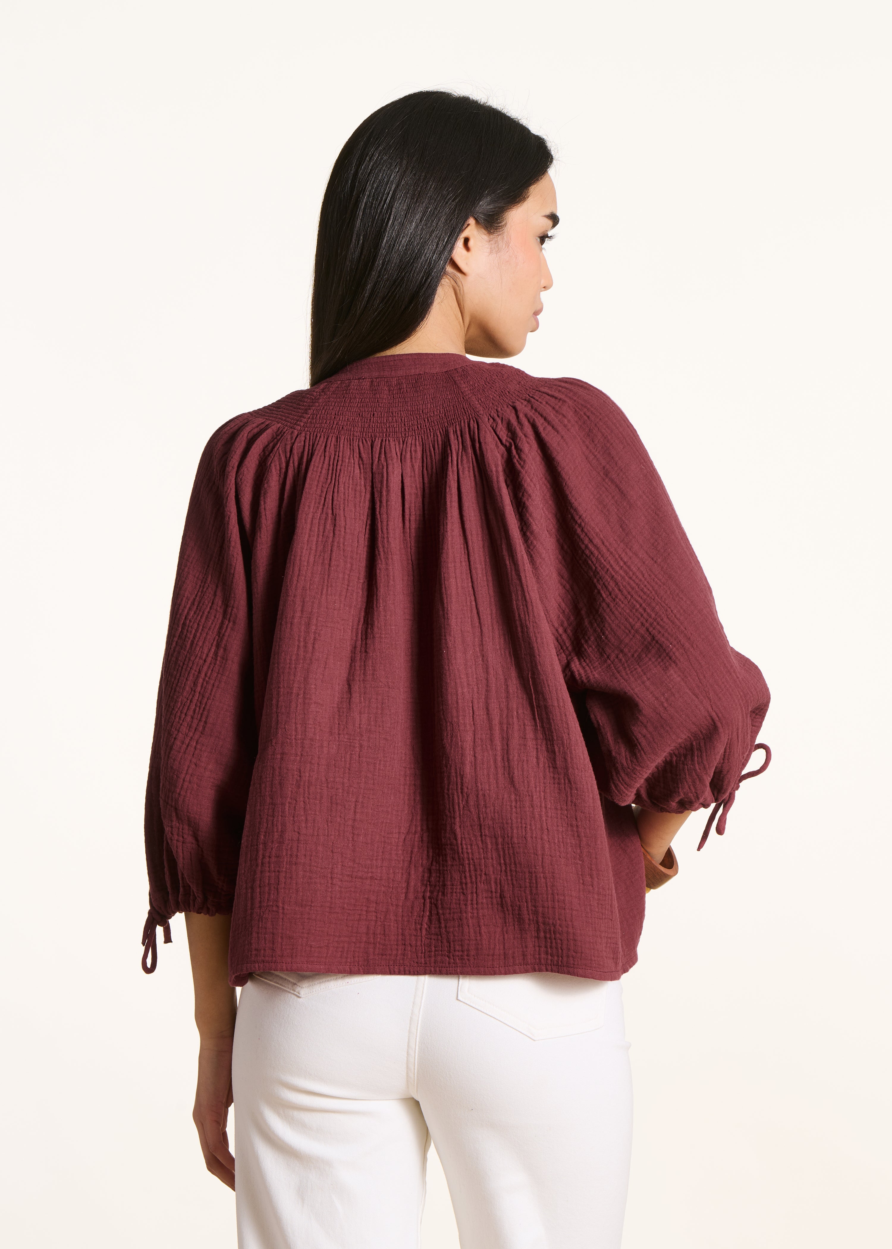 Brown embroidered cotton gauze top
