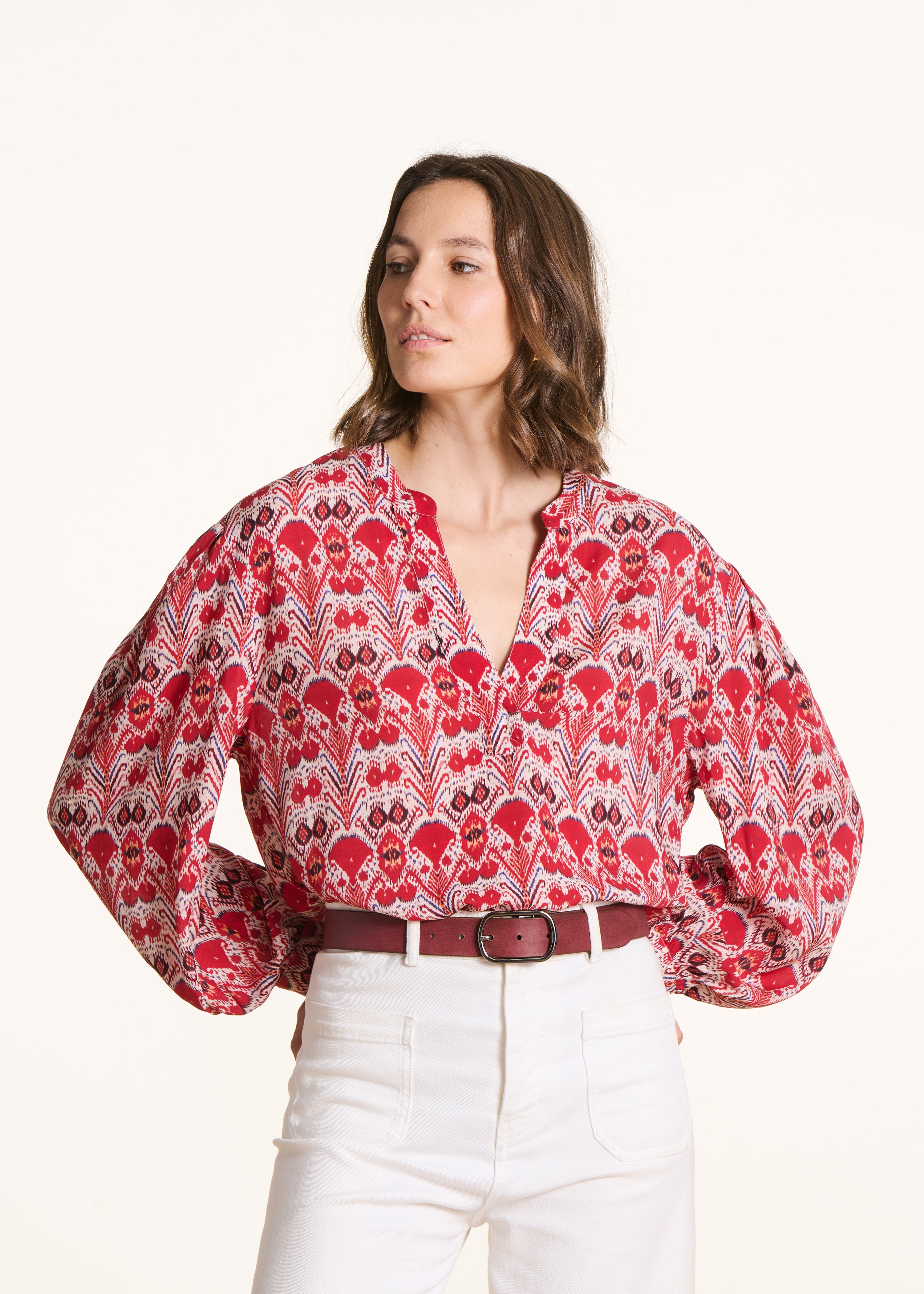 Loose red top with printed long sleeves