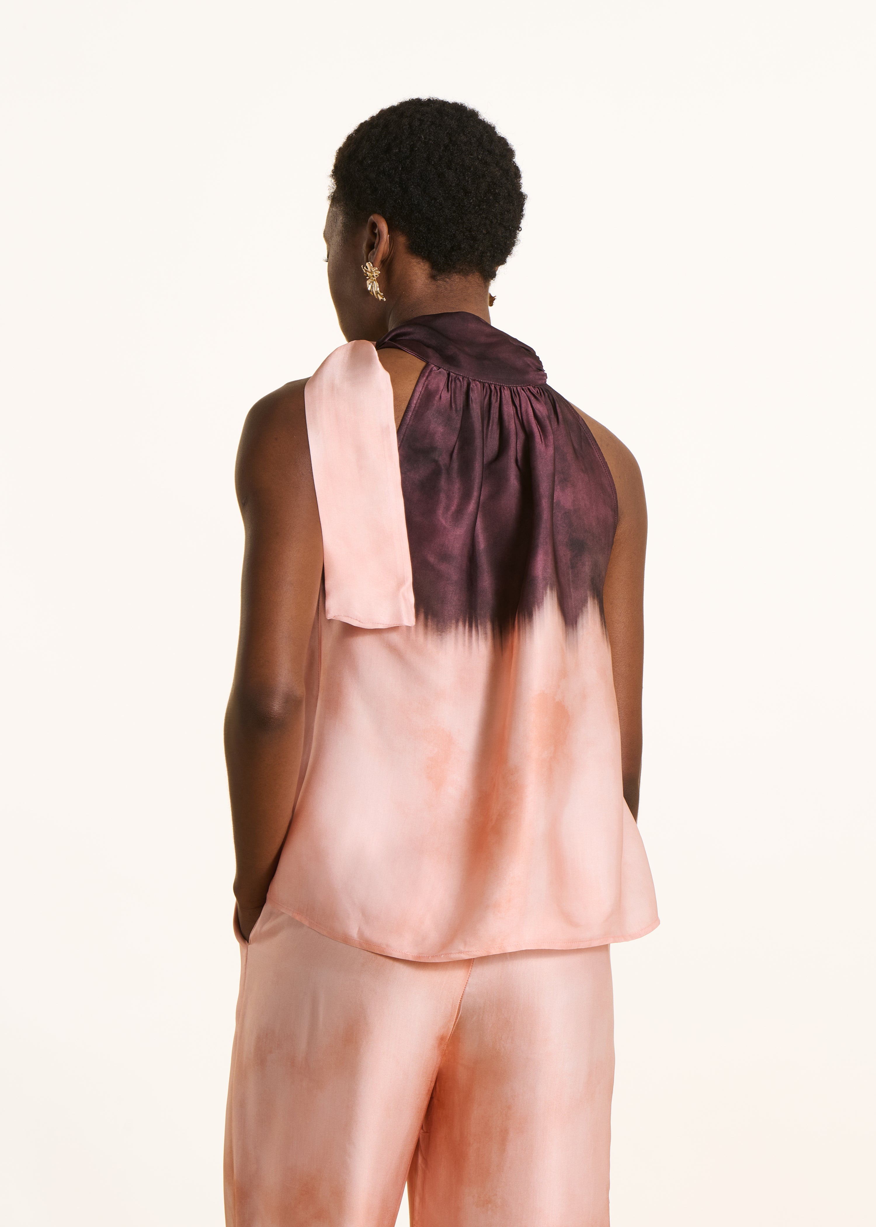 Pink fluid tie-dye print satin top