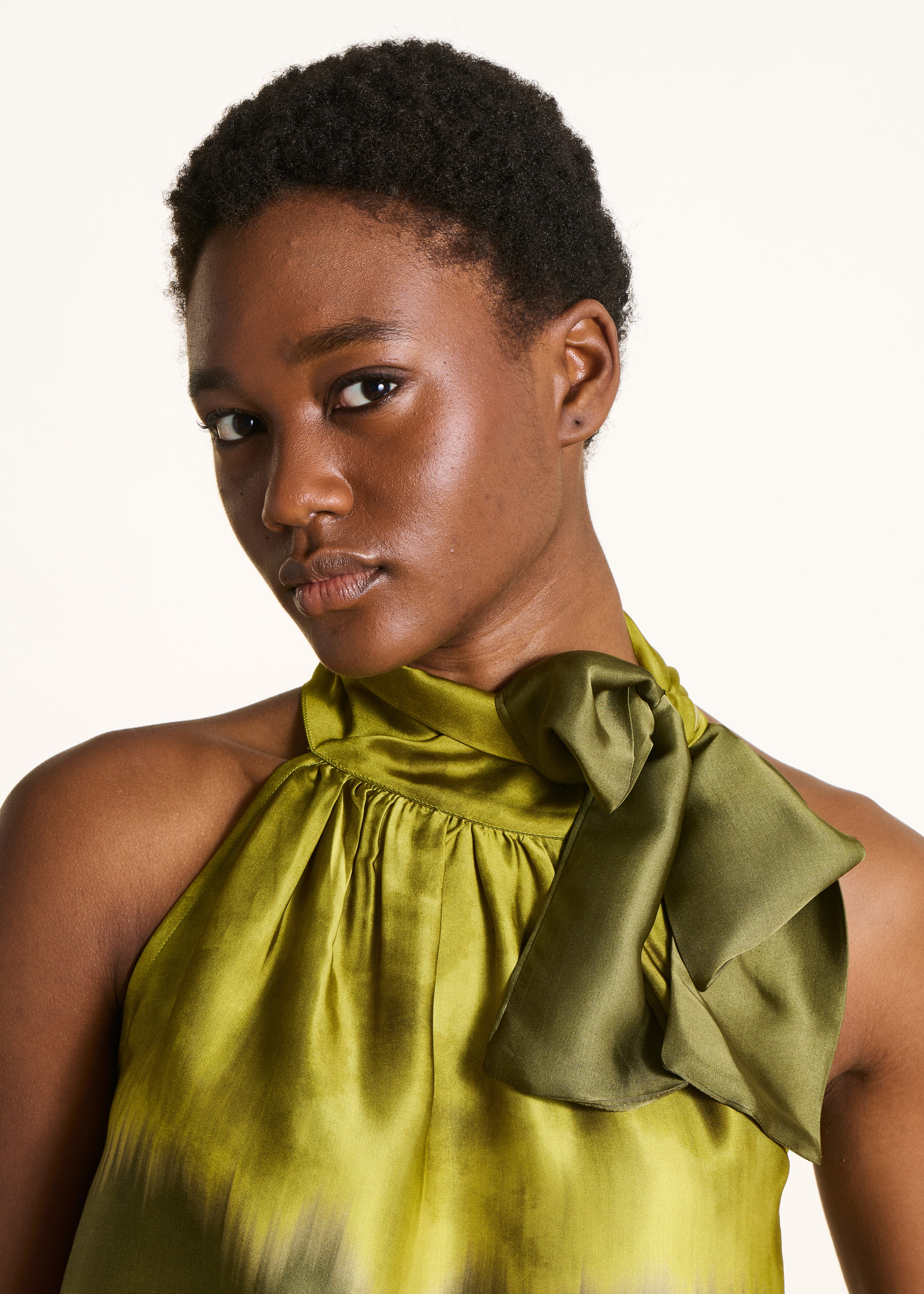 Green fluid tie-dye print satin top