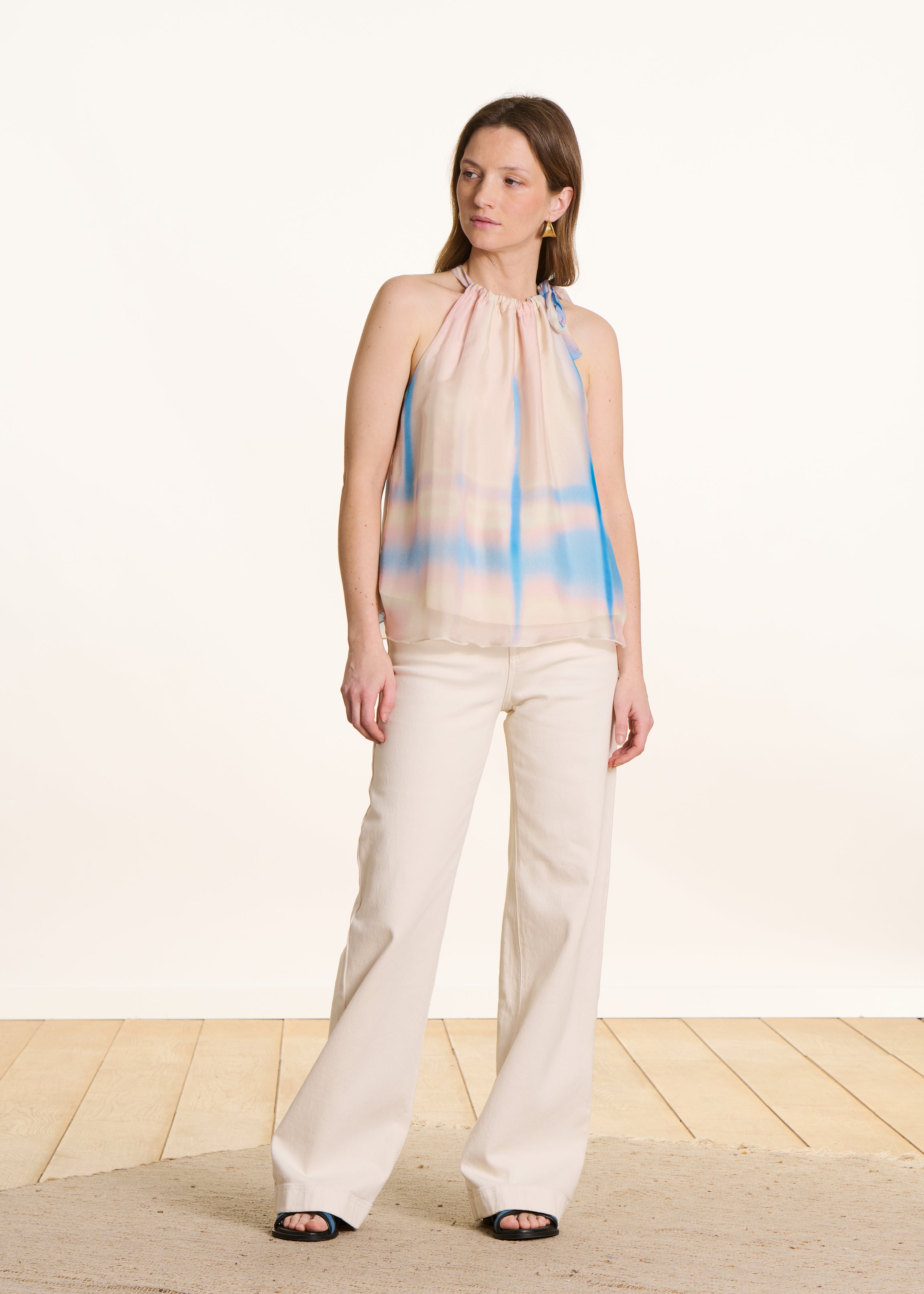 Loose pastel pink tie-dye print top
