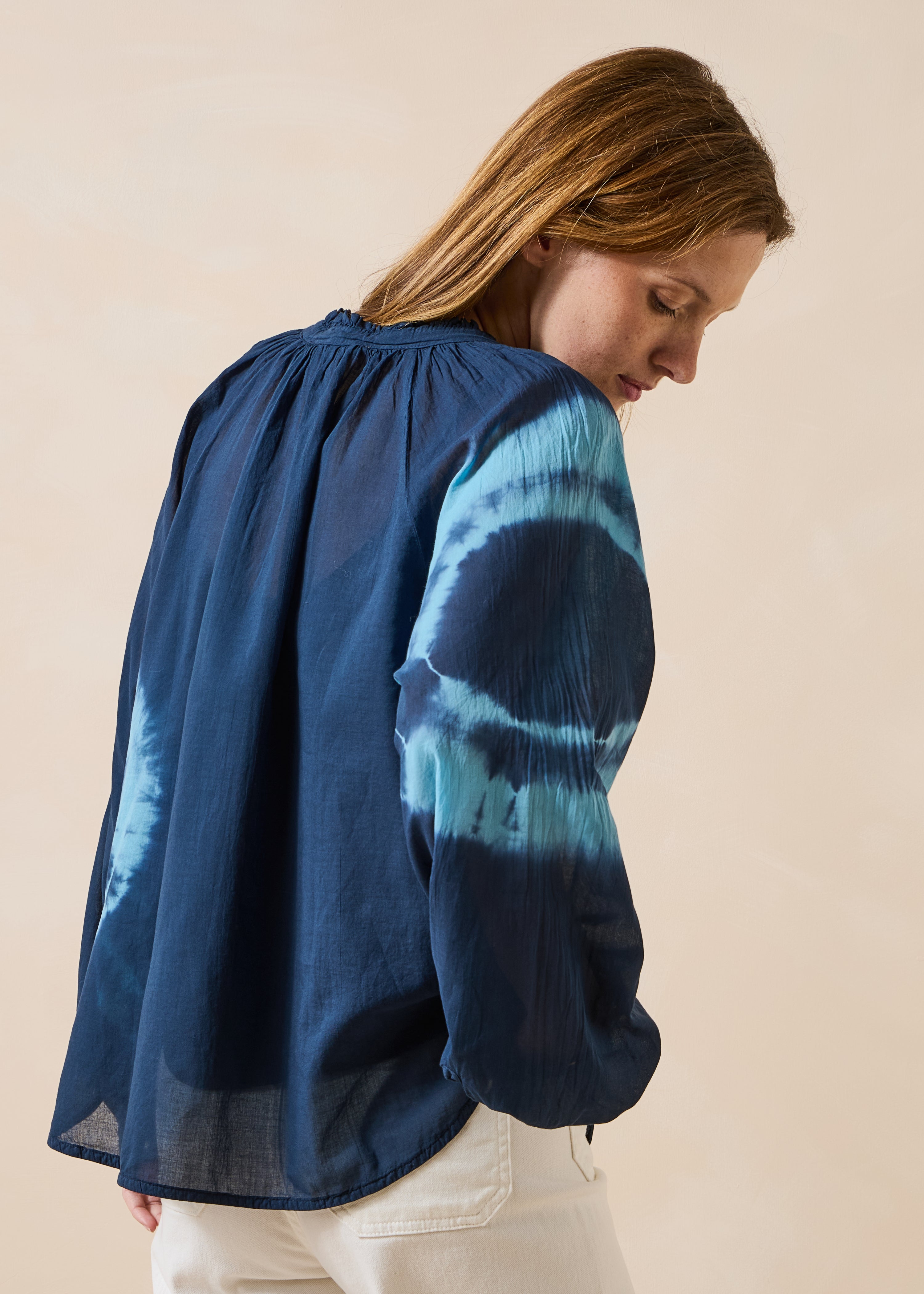 Dark blue tie-dye printed cotton voile top
