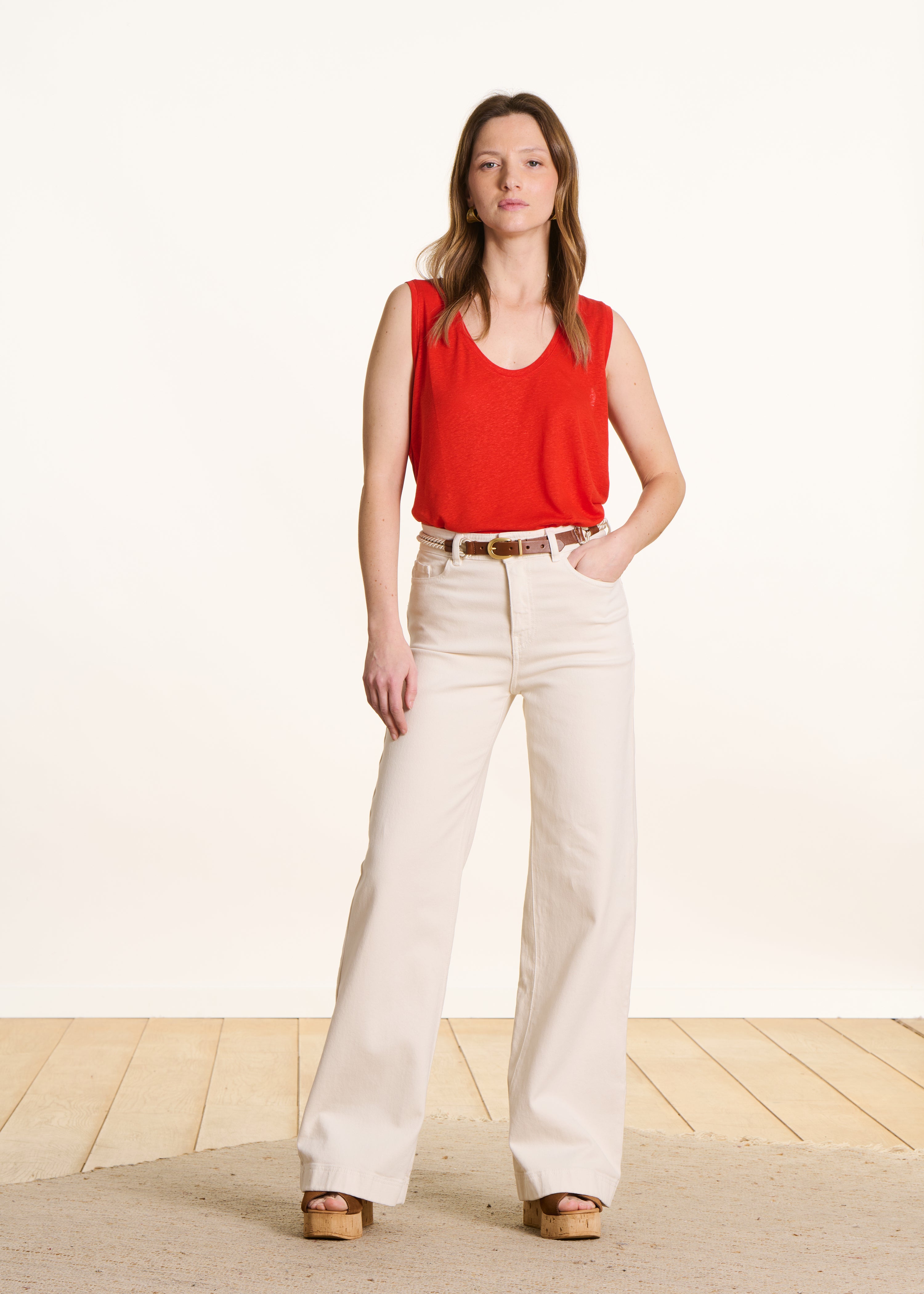 Top vermelho em jersey de lyocell e linho