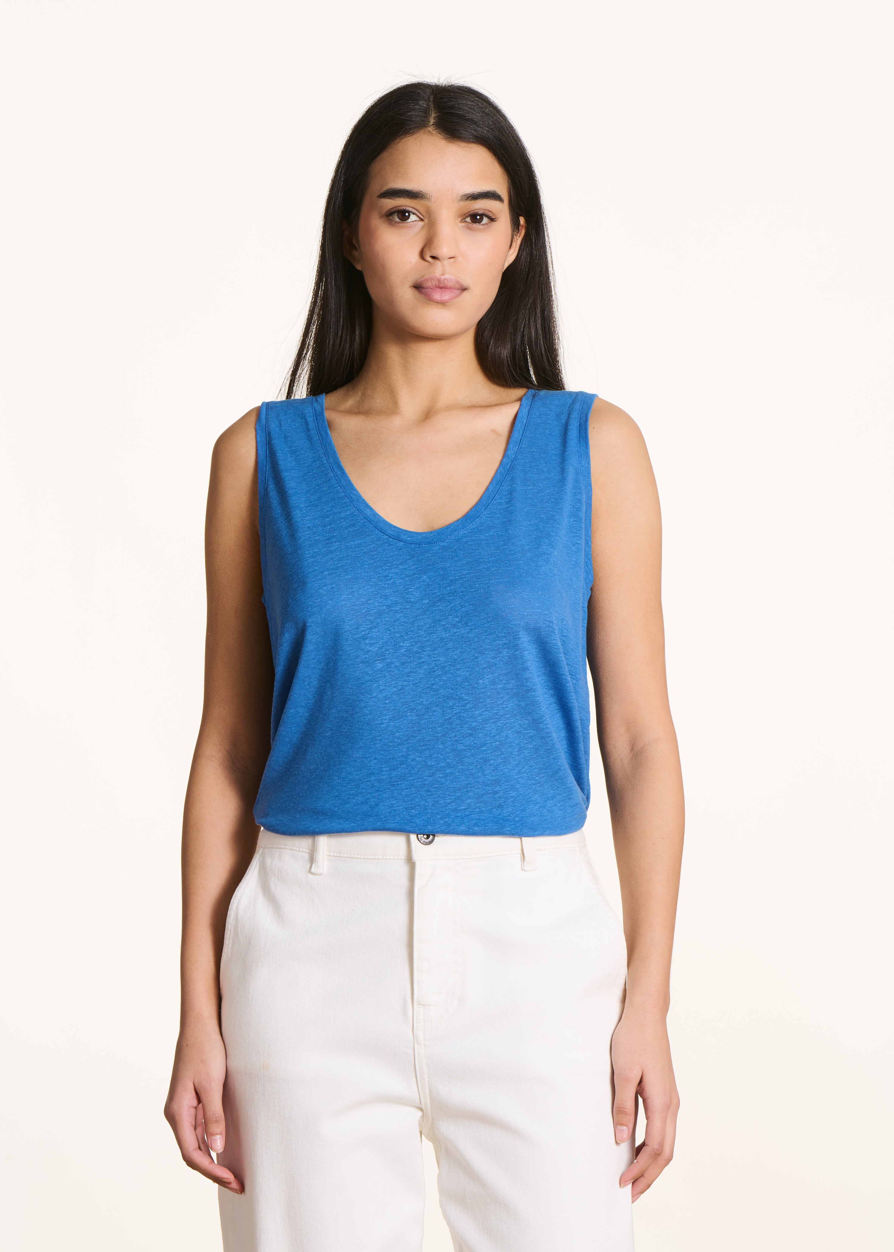 Blue lyocell linen jersey tank top
