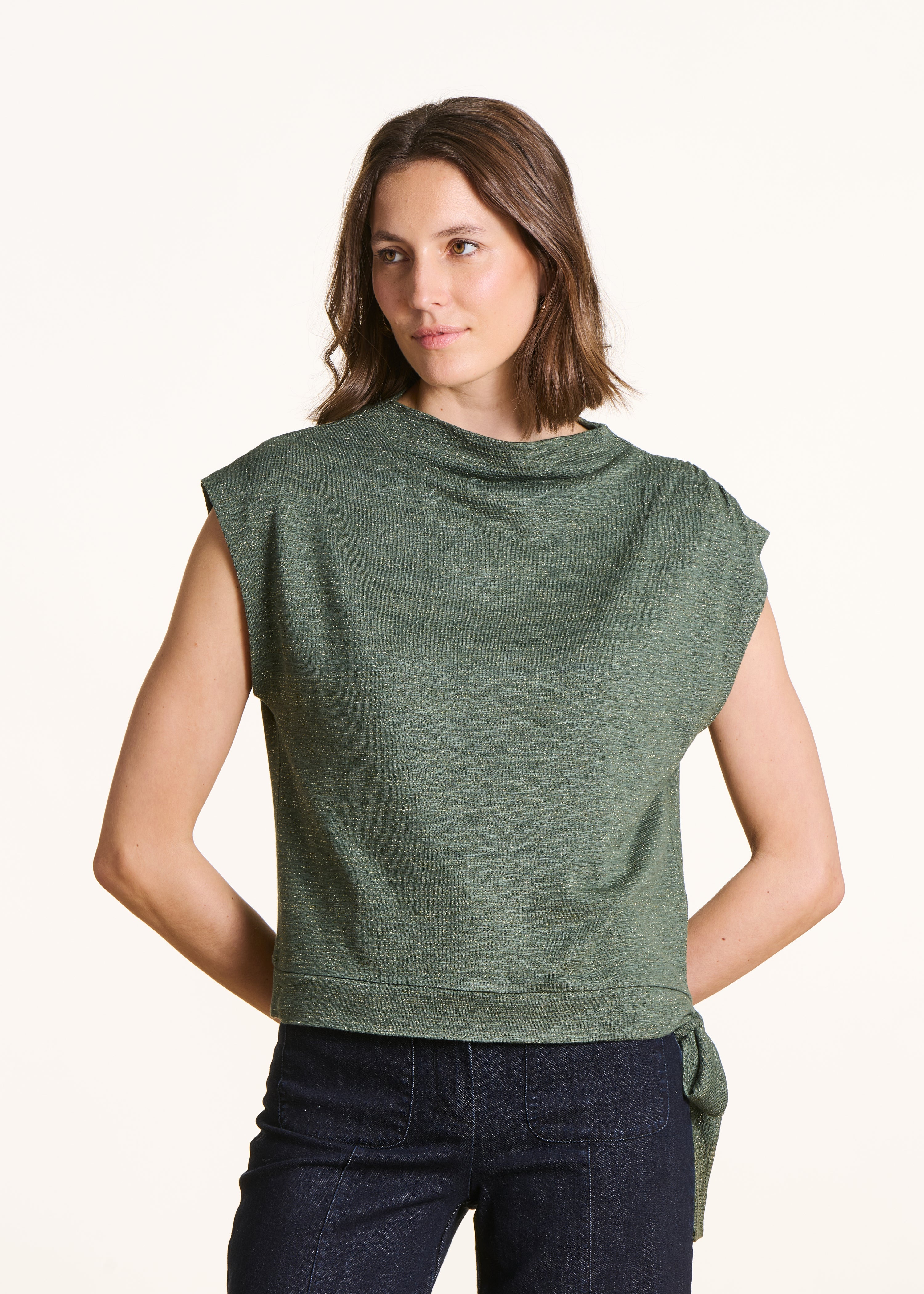 Sleeveless khaki T-shirt in shimmering jersey