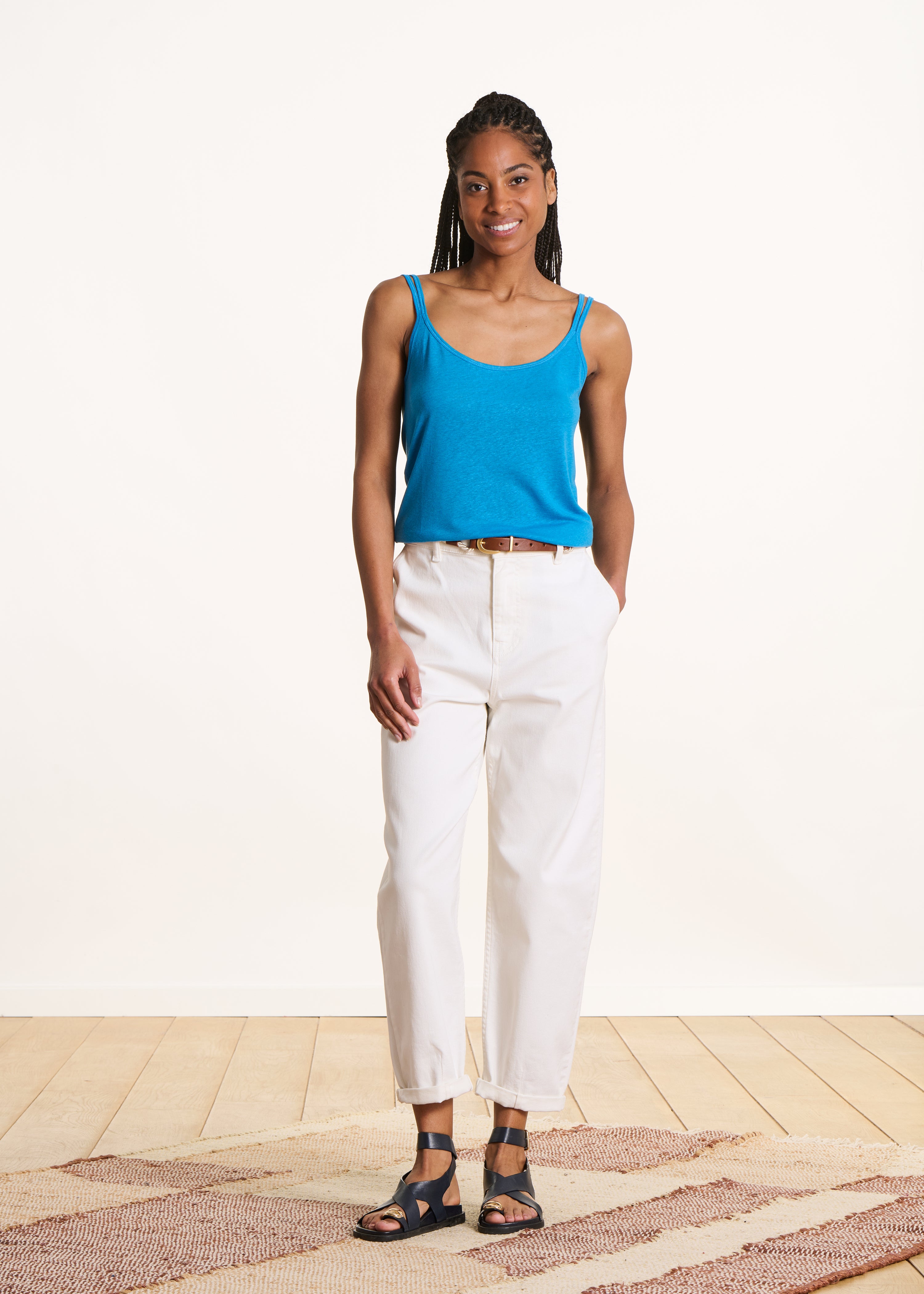 Light blue lyocell linen jersey tank top with straps