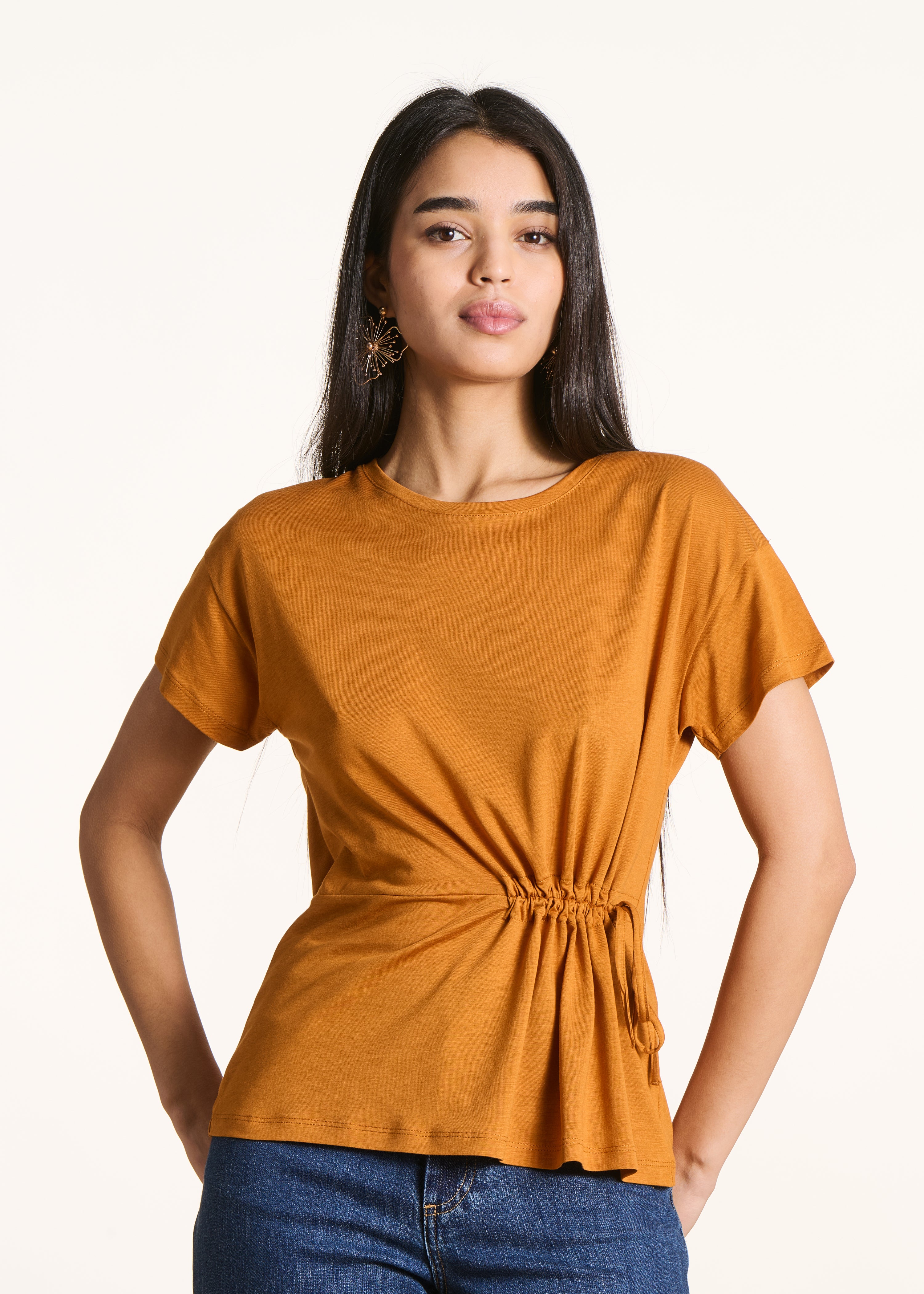 Flowing ochre T-shirt in lyocell and cotton