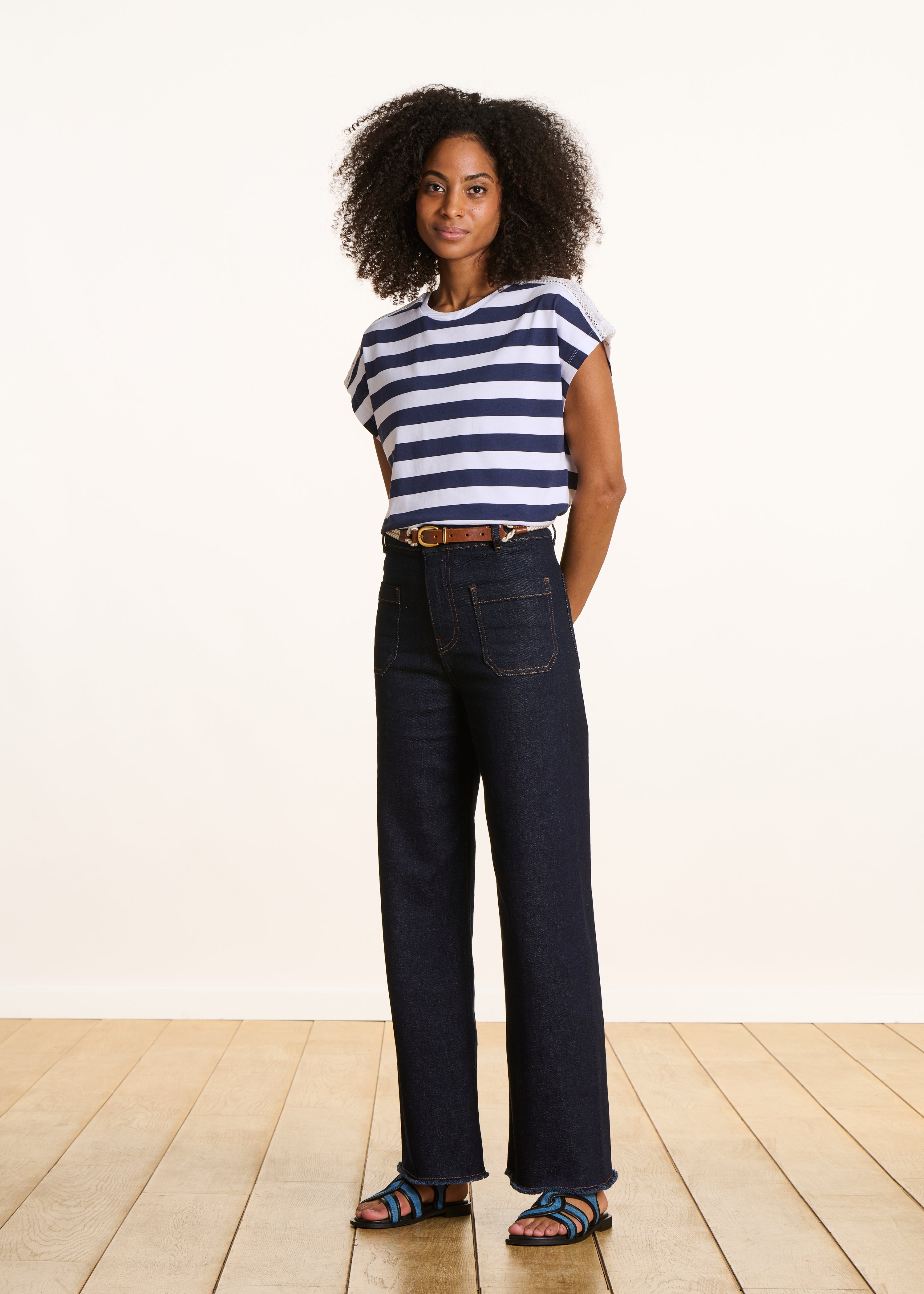 Short-sleeve Breton stripe T-shirt with lace