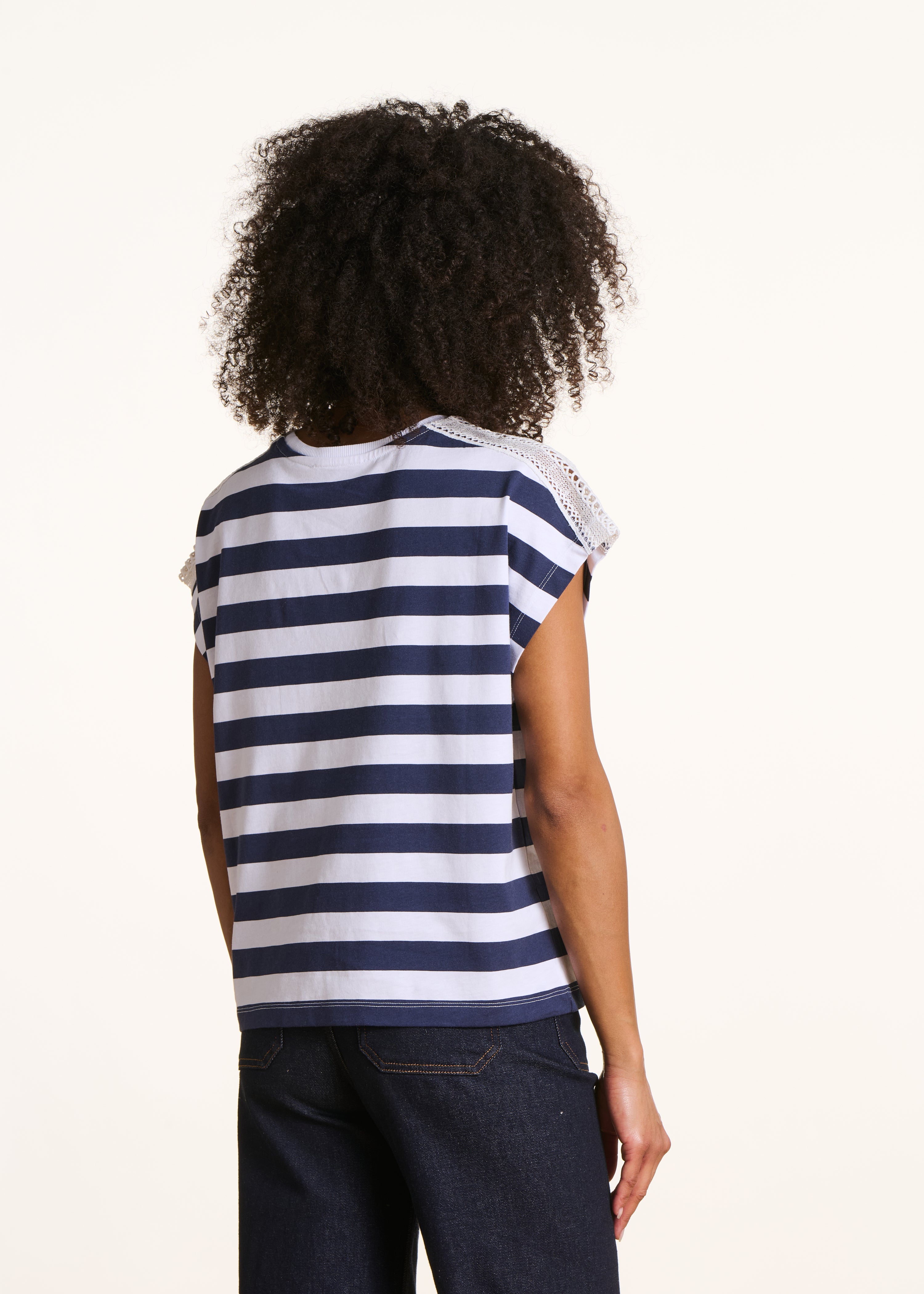 Short-sleeve Breton stripe T-shirt with lace