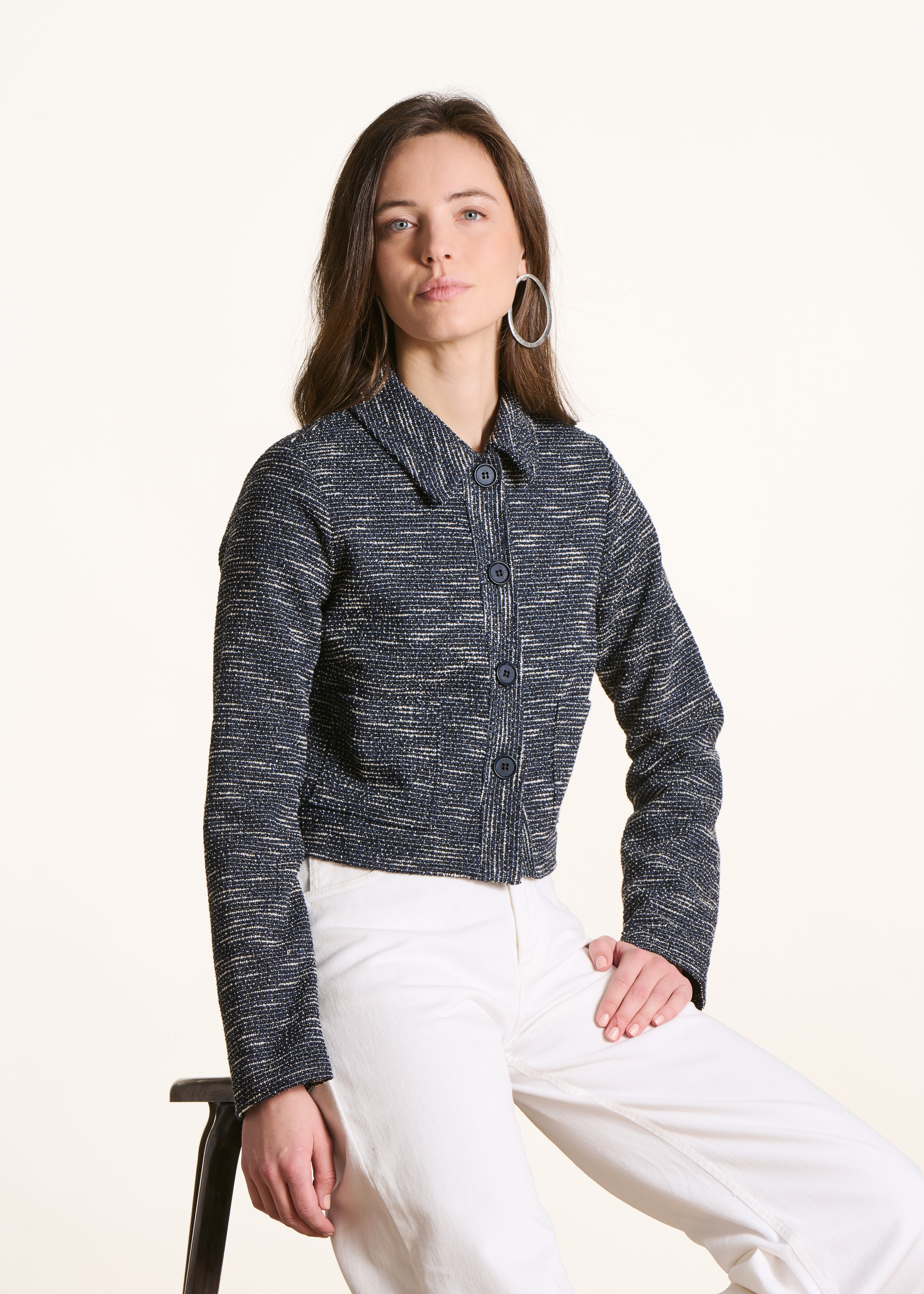 Short navy blue jacket in milano tweed effect
